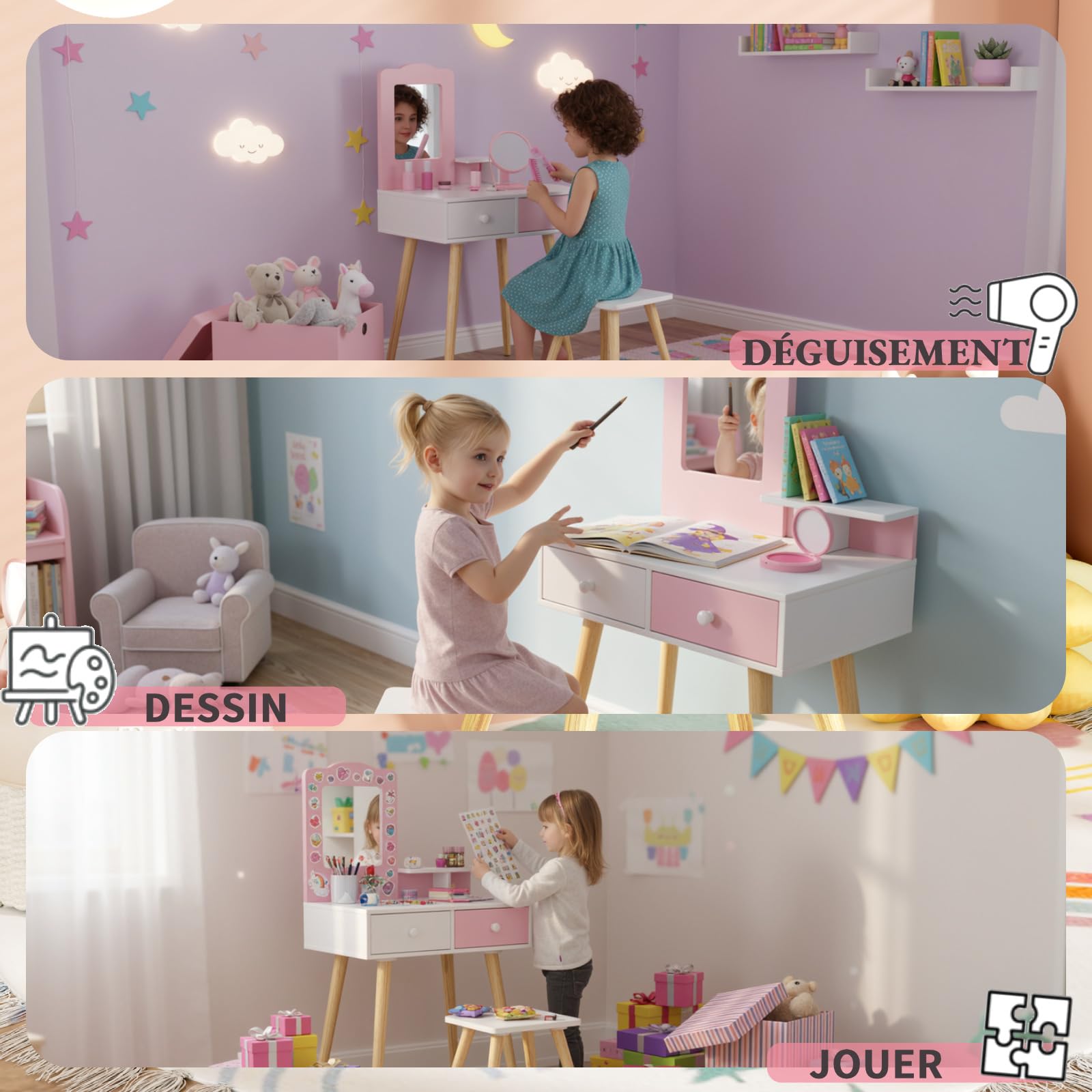 Clevich 2 en 1 Coiffeuse Enfant, Coiffeuse pour Fille avec Miroir et 2 Tiroirs, Bureau pour Enfants avec Tabouret, Robuste et Durable, Table de Maquillage pour Enfants 3 à 8 Ans, Rose