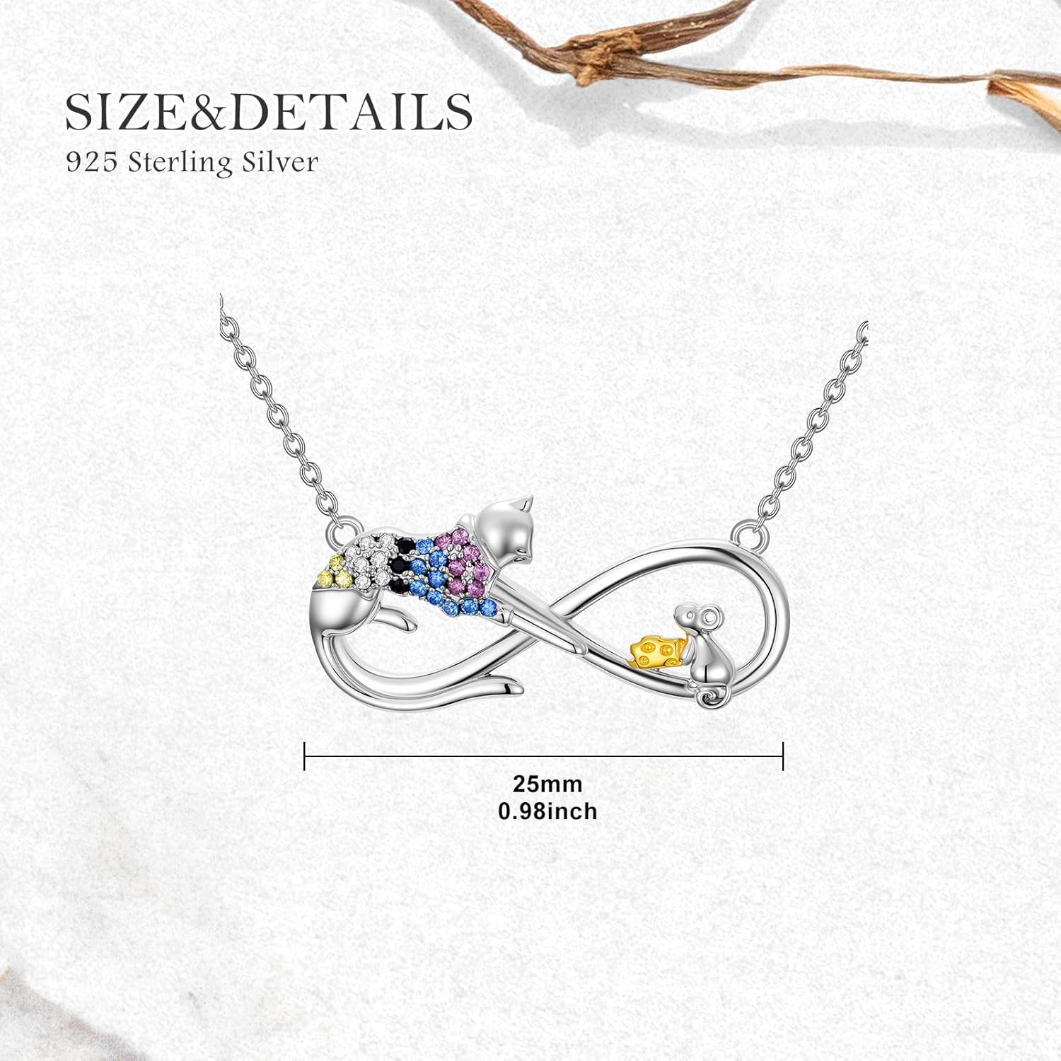 AOBOCO 925 Sterling Silver Cat and Mouse Infinity Necklace - Adorable Cheese Mouse Pendant Jewelry Gift for Cat Lovers Her Women