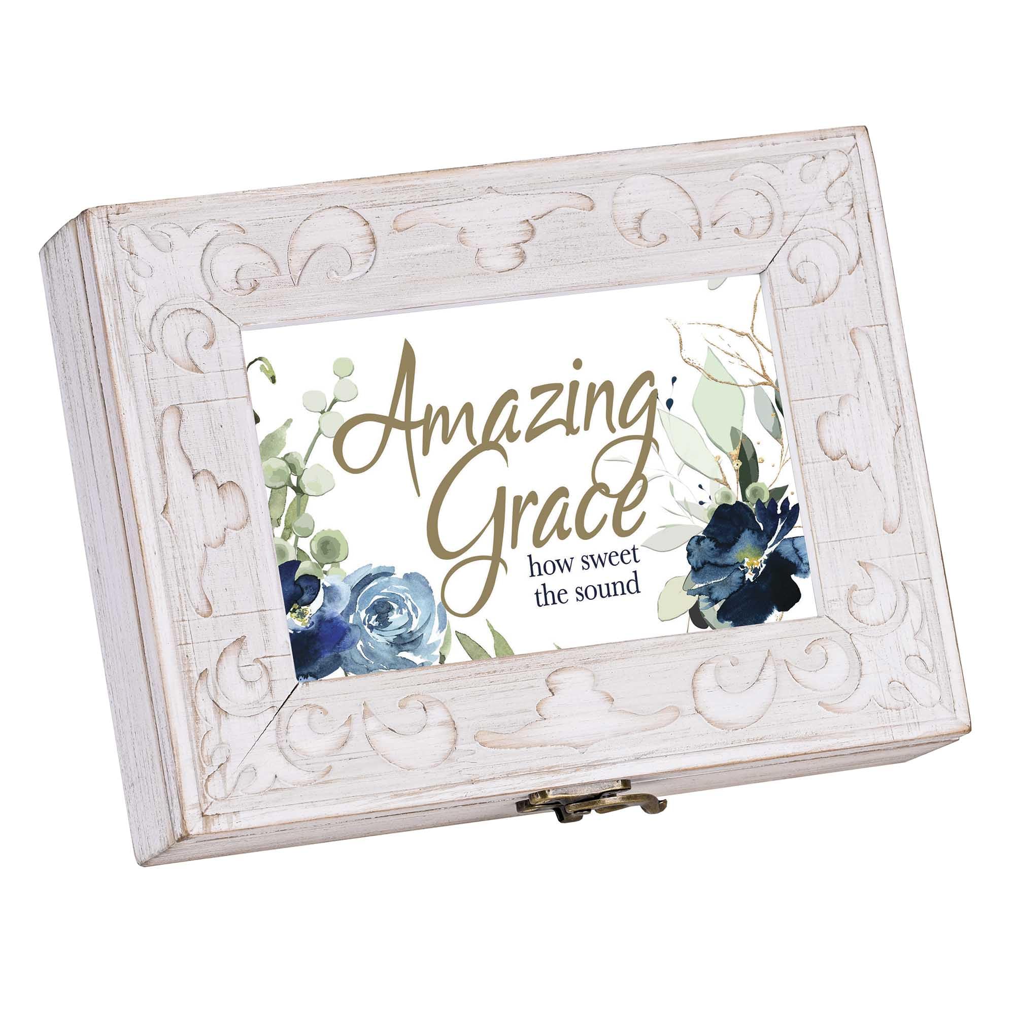 Boîte à bijoux musicale cadeau de baptême Amazing Grace en bois blanc Cottage Garden