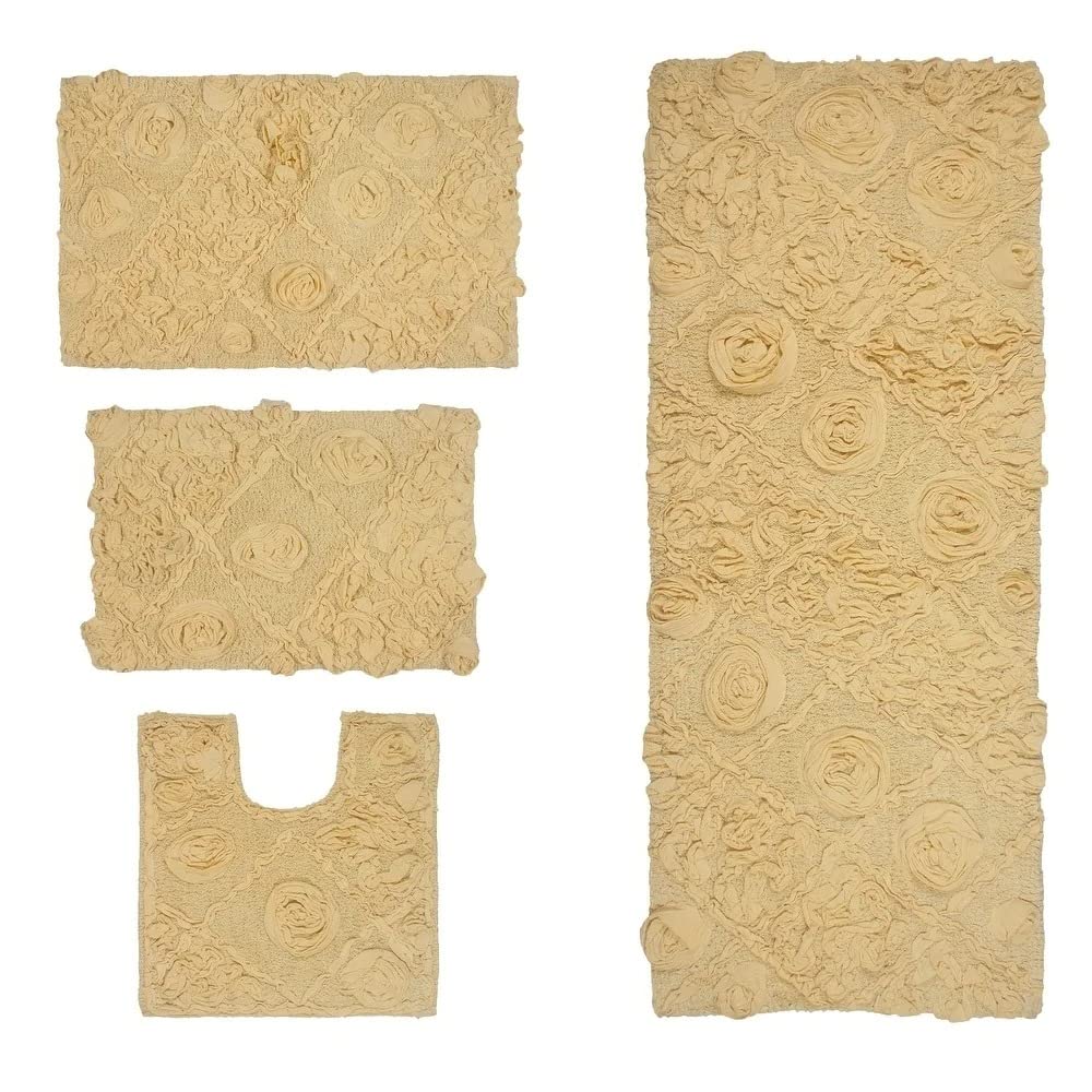 Functional Durable Yellow Mustard Cotton Bathroom Rugs Sets 4 Piece with Pretty Floral Tufted Pattern On Solid Background