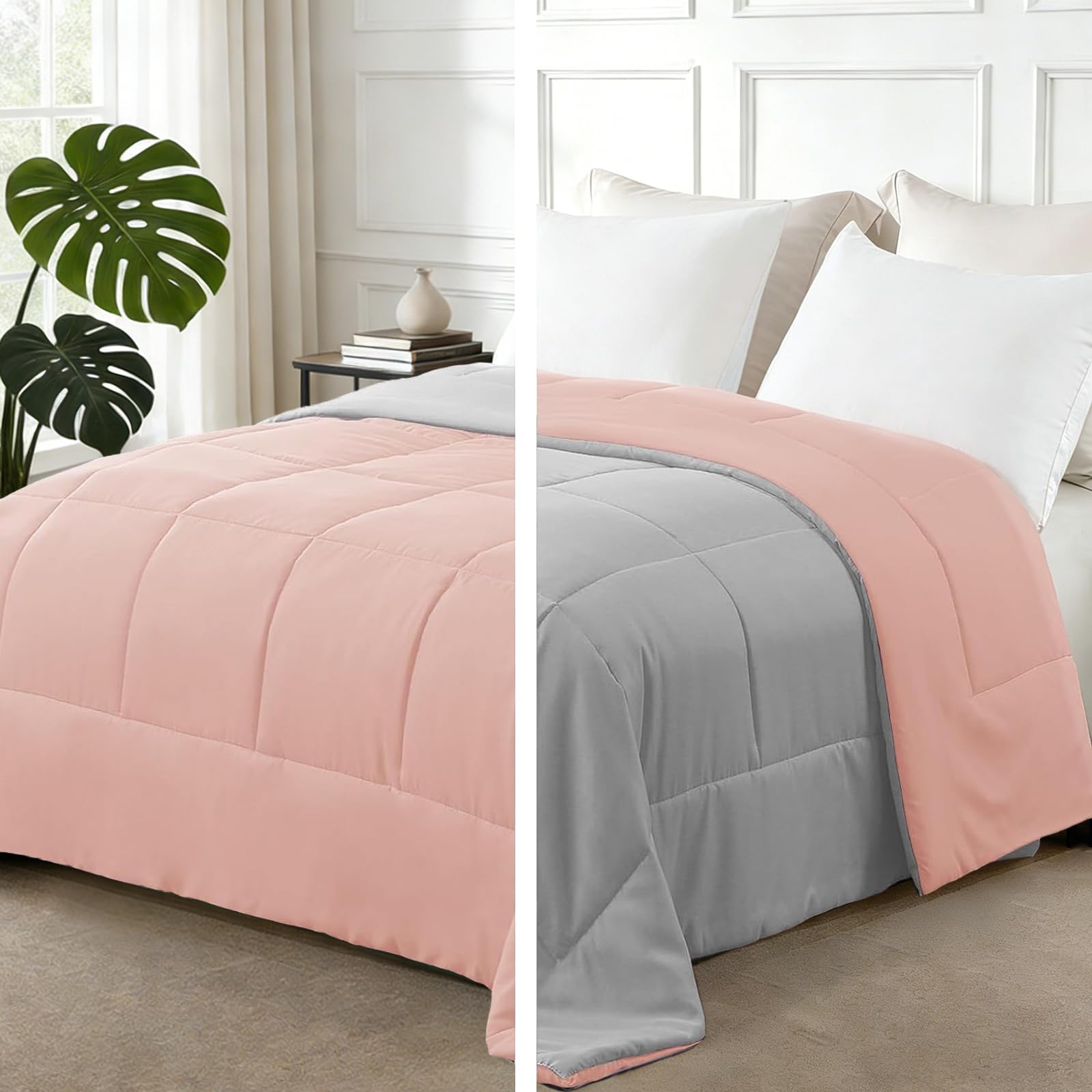 Exclusivo Mezcla 7.5 Tog Double Size Duvet All Seasons, Ultra Soft Reversible Coverless Duvet, Lightweight Down Alternative Comforter, 200x200 cm Pink/Light Grey