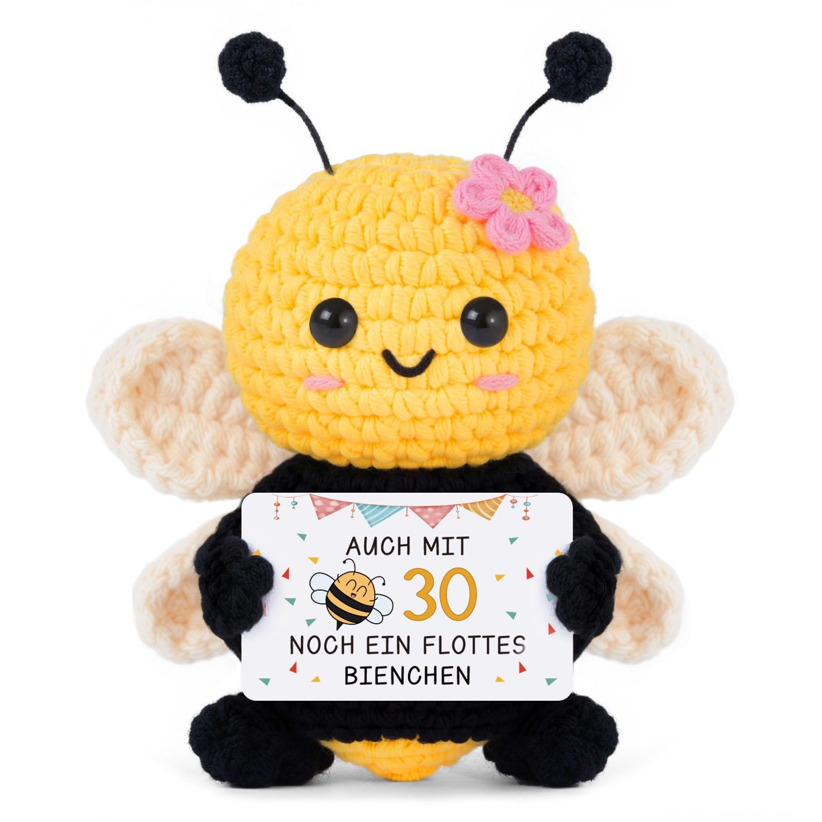 Gleevara 30 Geburtstag Frauen - Handgehäkelte Bienenfigur mit Energiekarte, Geschenk 30. Geburtstag Frau Männer, Happy Birthday, Geburtstagsgeschenk für Sie Ihn