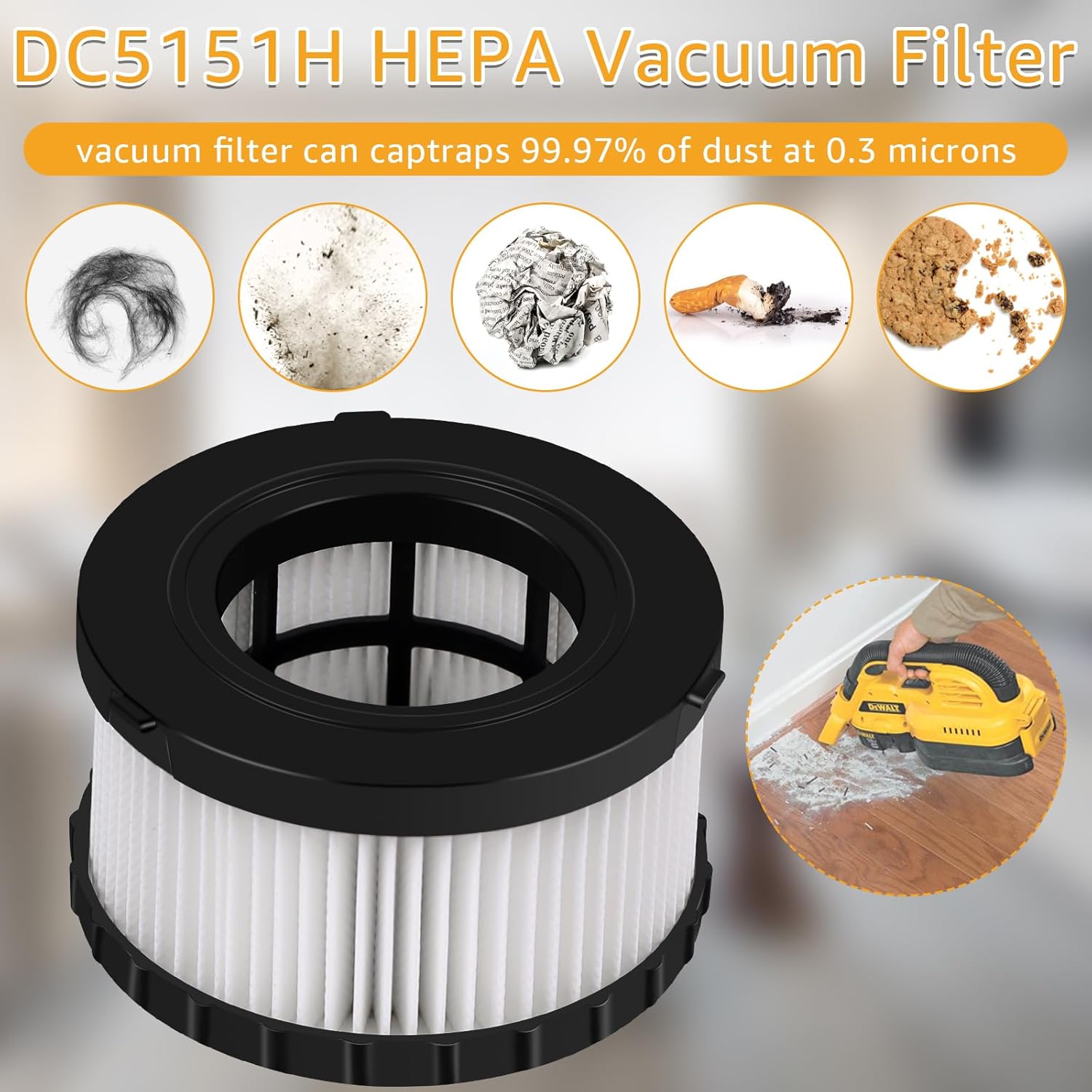 4-Pack DC5151H HEPA Filter Replacement, Compatible with DEWALT Dry Wet Vacuum DC515 DCV517 DCV517B, washable and reusable filter vacuum cleaner, with cleaning brush
