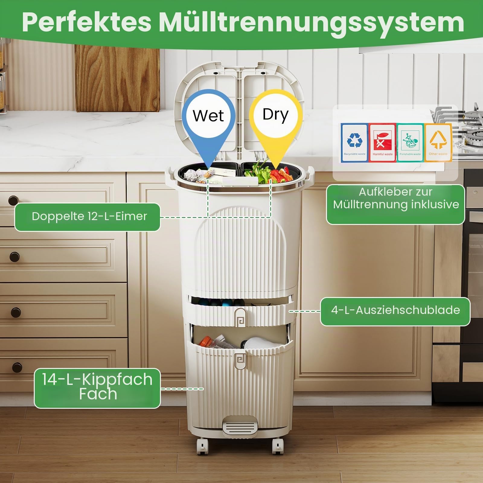 GIANTEX Mülleimer Küche 42 L, Mülltrennsystem 3 Fächer & Schublade, Abfalleimer mit Rollen, Küchenmülleimer Küchenabfalleimer mit Doppeldeckel & Pedal, Tretmülleimer für Küche 43x29x82,5 cm, Cremeweiß