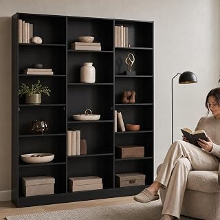 Bücherregal Schwarz mit 17 Fächern, Standregal für Büro 149 × 23,5 × 188 cm