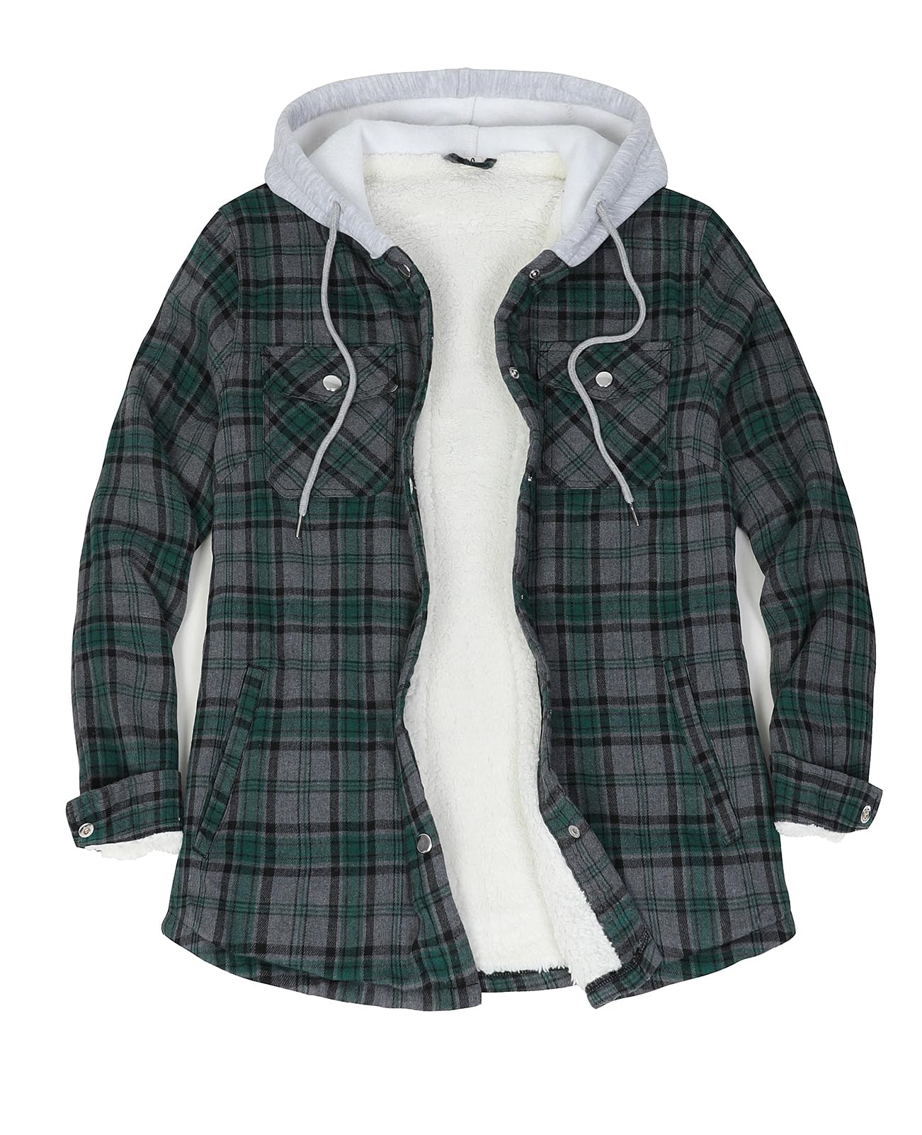 Women's Flannel Shirt Jacket with Hood,Sherpa Lined Plaid Shacket Jackets,Snap Button Front