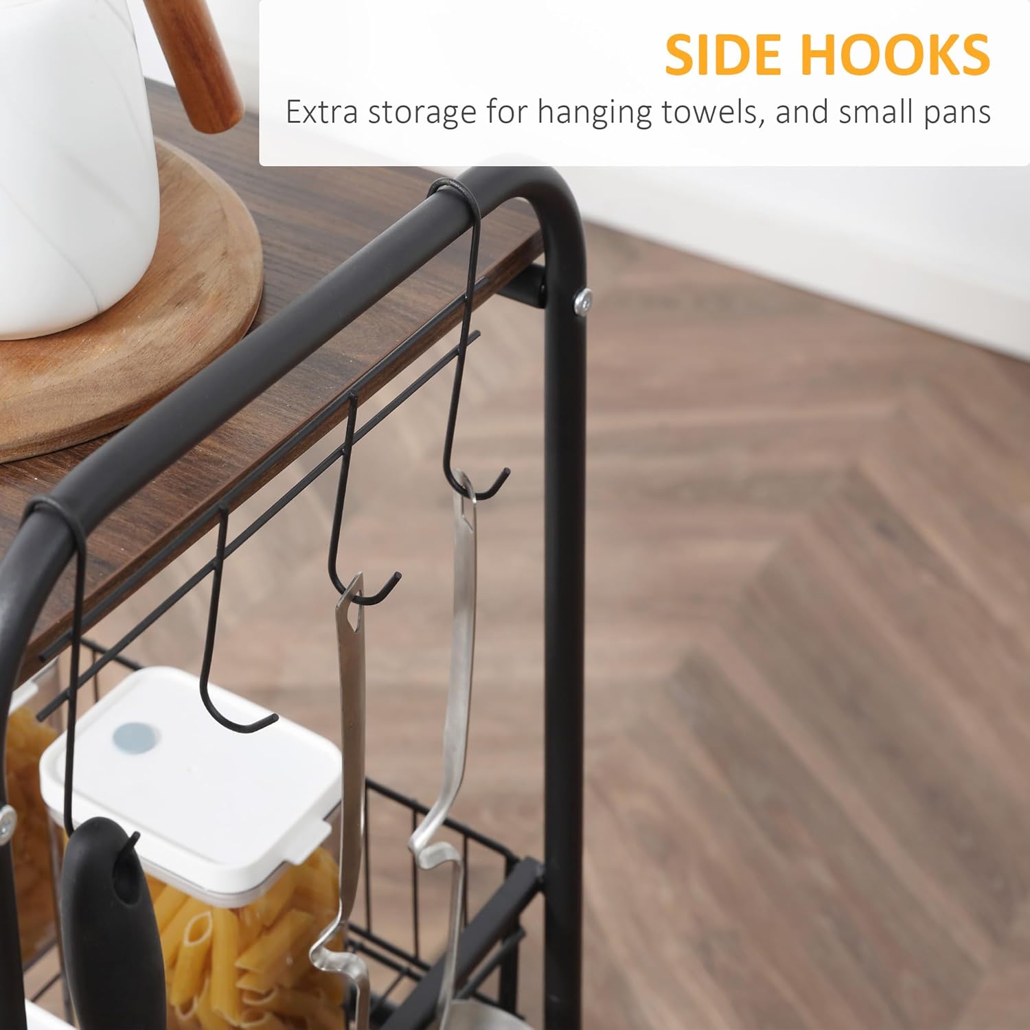 HOMCOM 3 Tier Kitchen Cart with Storage, Rolling Kitchen Island Cart with 2 Sliding Fruit Basket and Side Hooks for Dining Room, Walnut