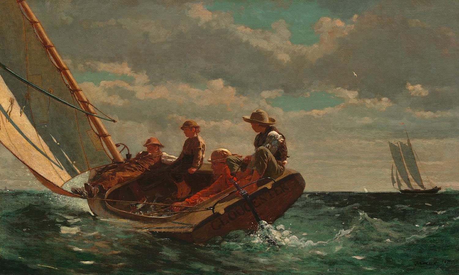 Canvas Breezing Up A Fair Wind Man Three Boys and their Catch in a Catboat Sailing 1876 Painting By Winslow Homer 18" x 30" image size art repro on canvas rolled up