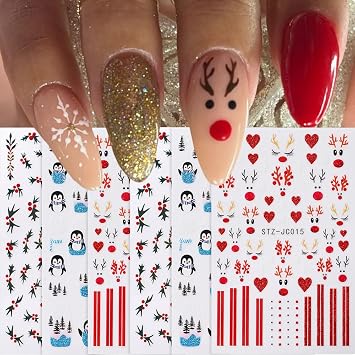 Christmas Nail Stickers for Nail Art, Cute Winter Nail Decals with Red Love Christmas Deer Line Blue Penguin Green Leaf Pattern Designs for Women Girls DIY Manicure Decorations, 6Pcs/Set