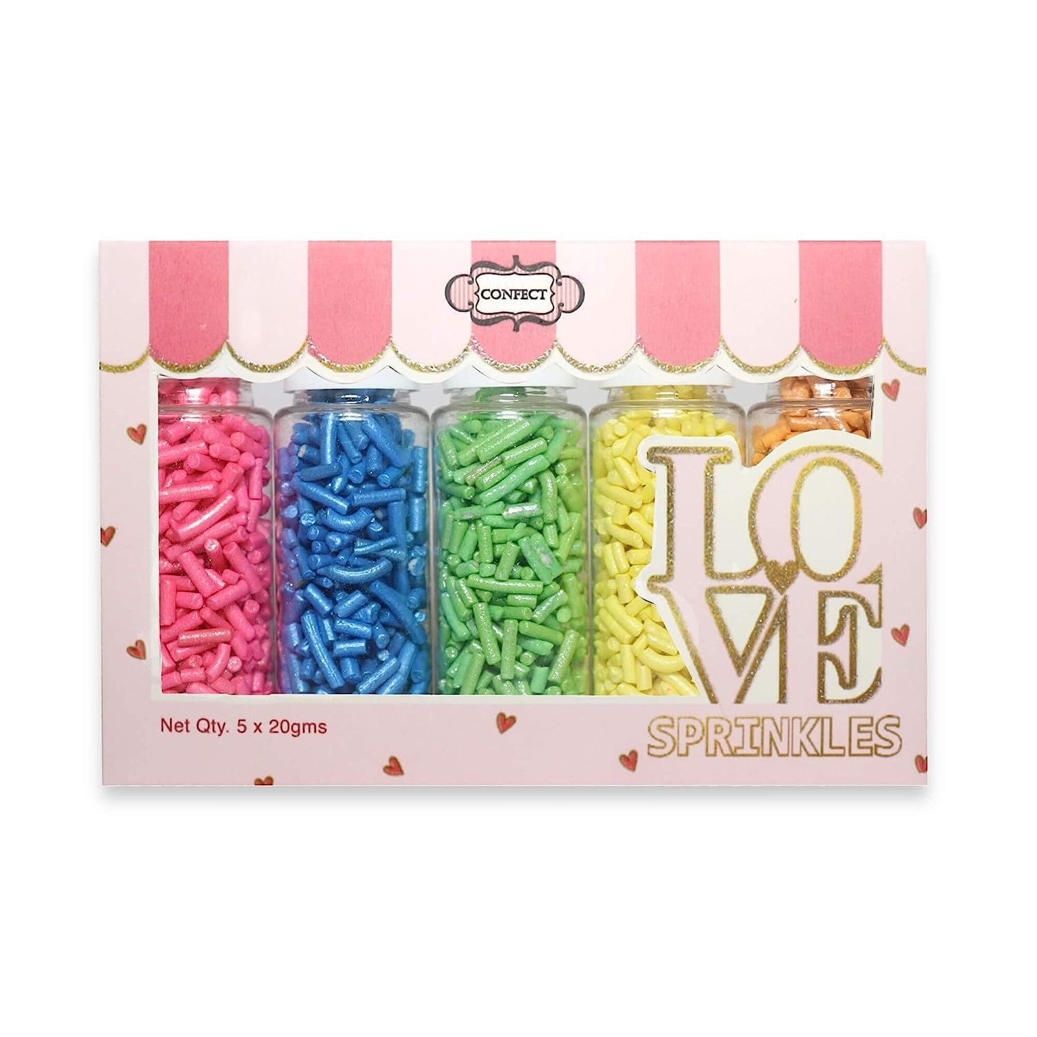 Confect Rainbow Sprinkles – 5 Pack Assorted Jimmies (Bright Pink, Blue, Green, Yellow & Orange) – Colorful Cake & Cupcake Decorating Toppings – Vegan, Gluten-Free, Nut-Free, Soy-Free, Dairy-Free, Palm Oil-Free - 140 Gms