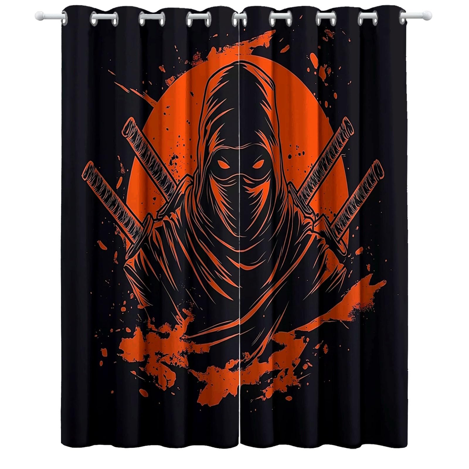 Folia Retro Ninja Termiczna zasłona zaciemniająca, ochrona przed zimnem i ciepłem, oszczędność energii, idealna do sypialni i salonu, 220 x 215 cm, pomarańczowa, czarna, 2 sztuki