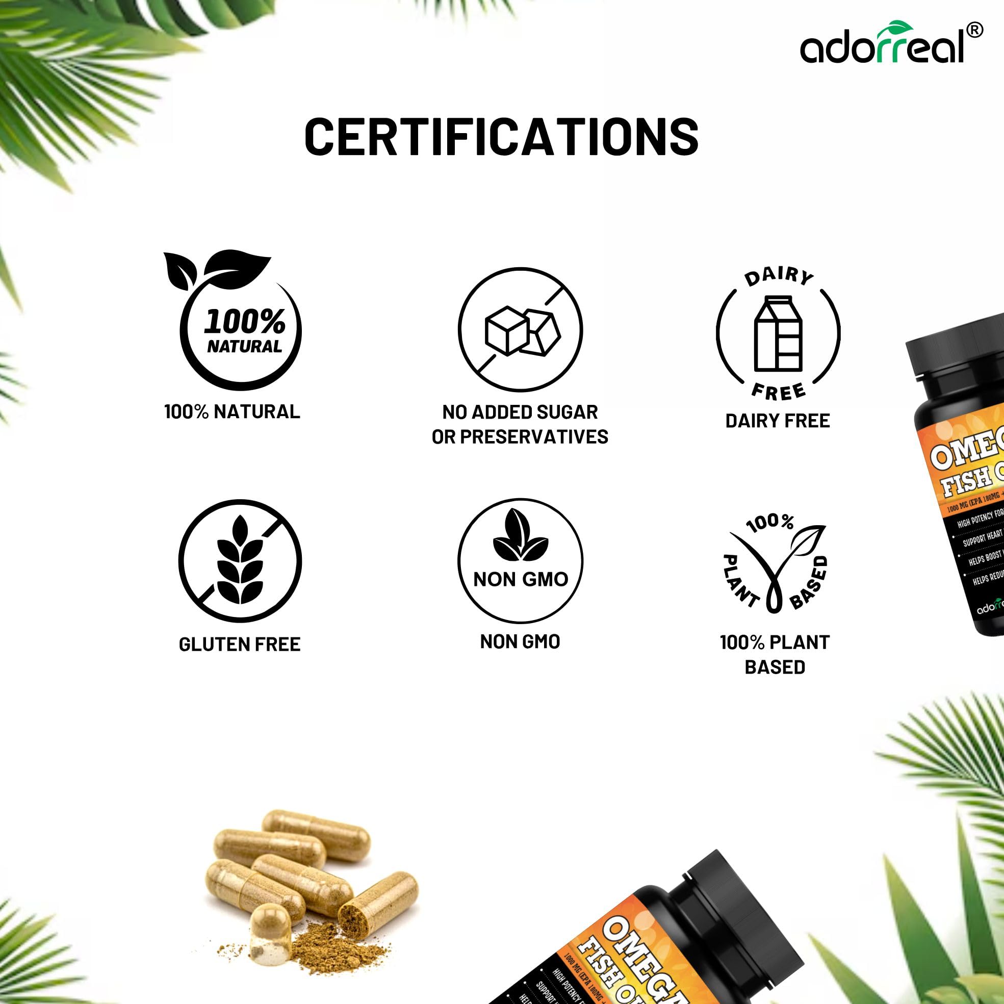 Adorreal Omega-3 Fish Oil, 1000mg, EPA 180mg + DHA 120mg, High Potency Formula, 30 Softgels 2