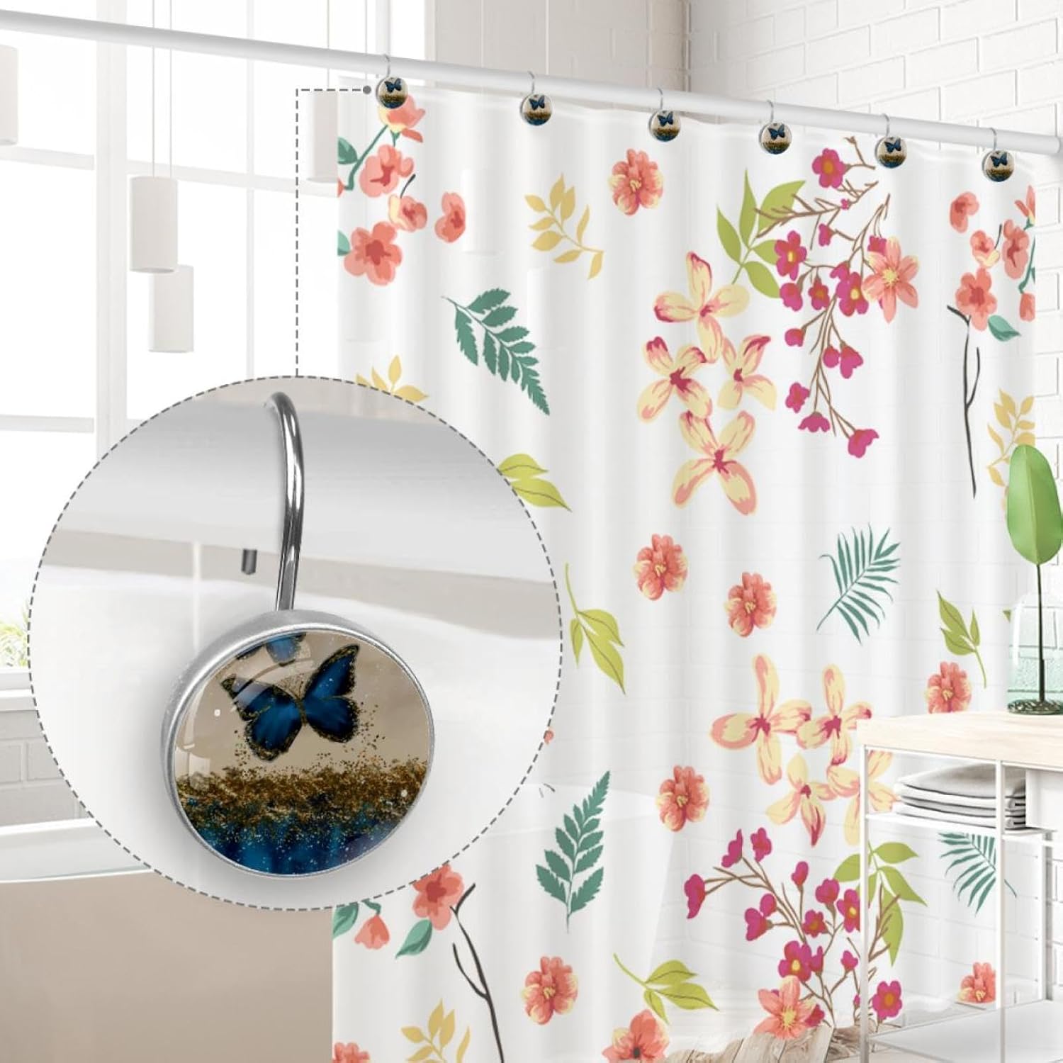 Decorative Shower Curtain Hooks - 12 Pack Blue Butterfly Marble Pattern Rustproof Rings for Bathroom Decor