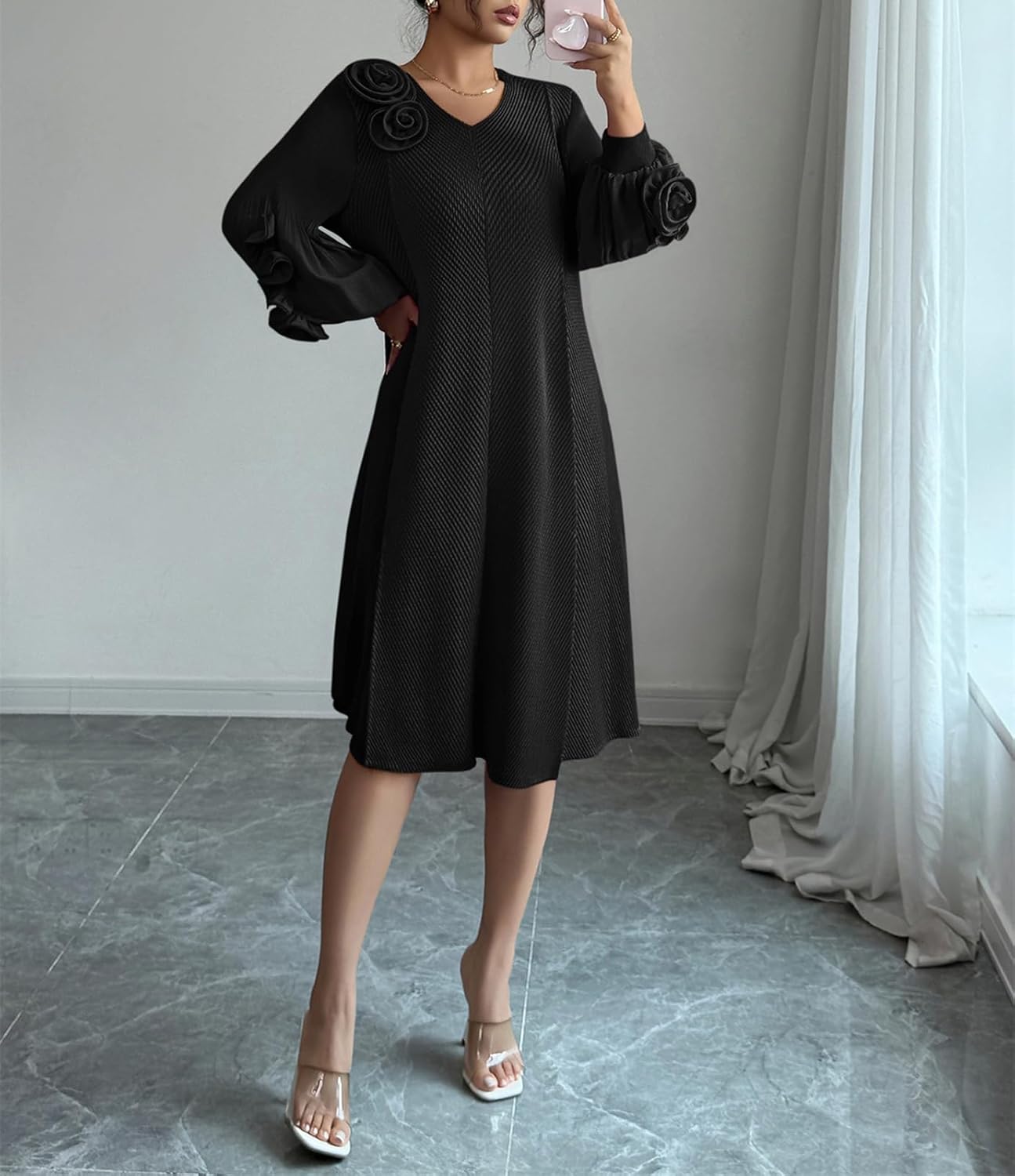 Womens Pleated Midi Dress Casual Loose Long Sleeve High Knit Empire Waist Stretch V Neck Pleat Dress - Image 6