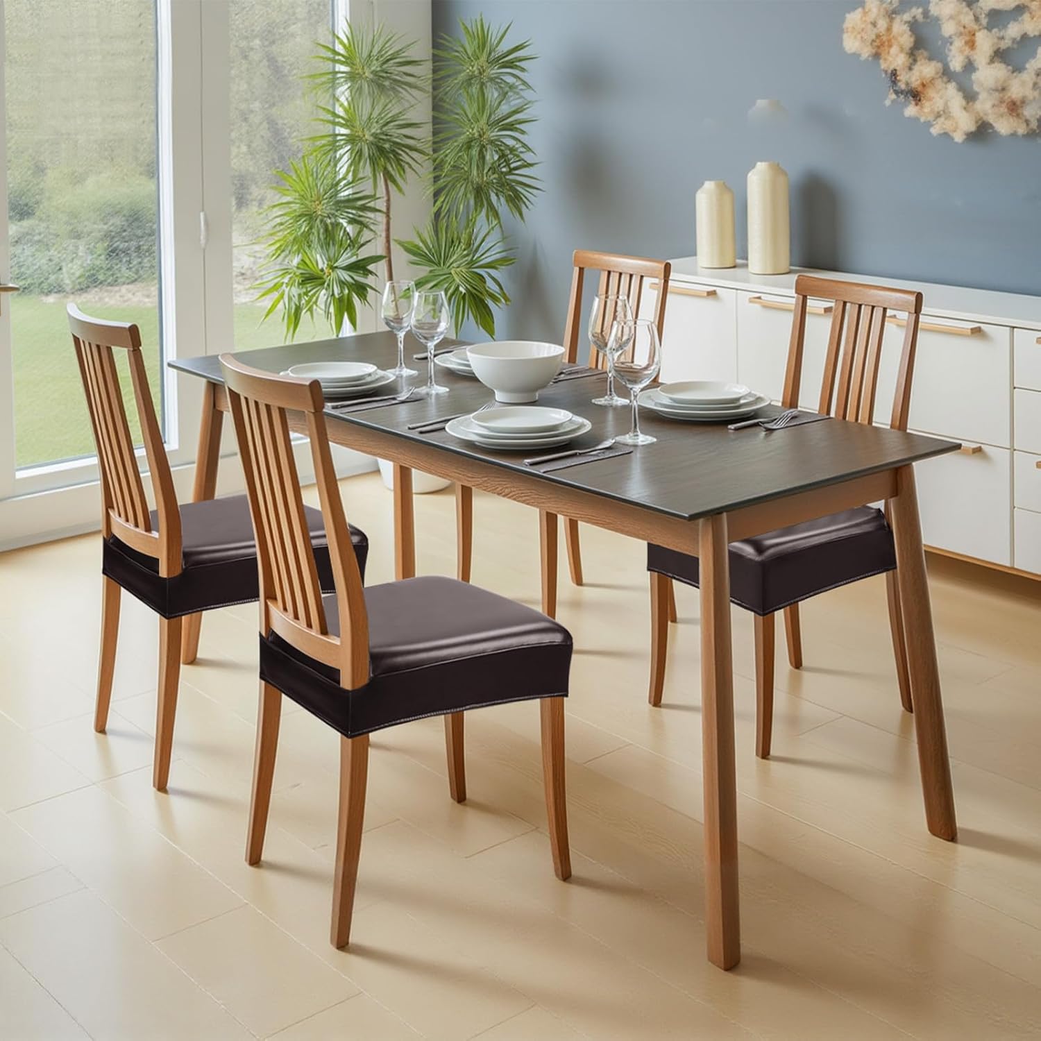 waterproof dining chair seat covers leather kitchen seat covers, stain resistant stretch chair seat covers for dining room chairs set of 4, rear covered washable dining chair cover dark coffee dark coffee 4pcs