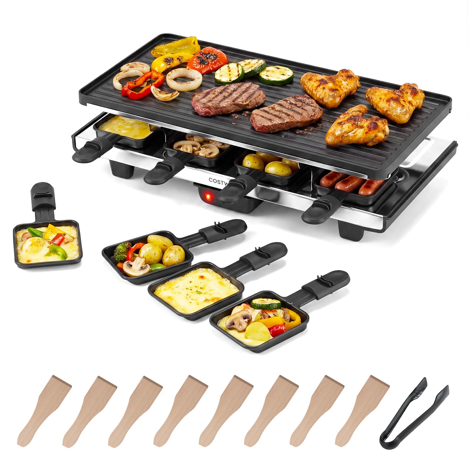 COSTWAY Grill raclette dla 8 osób, elektryczny grill z dwustronną nieprzywierającą płytą grillową 2 w 1 i regulowaną regulacją temperatury, w zestawie 8 patelni, 8 drewnianych szpatułek i szczypcami