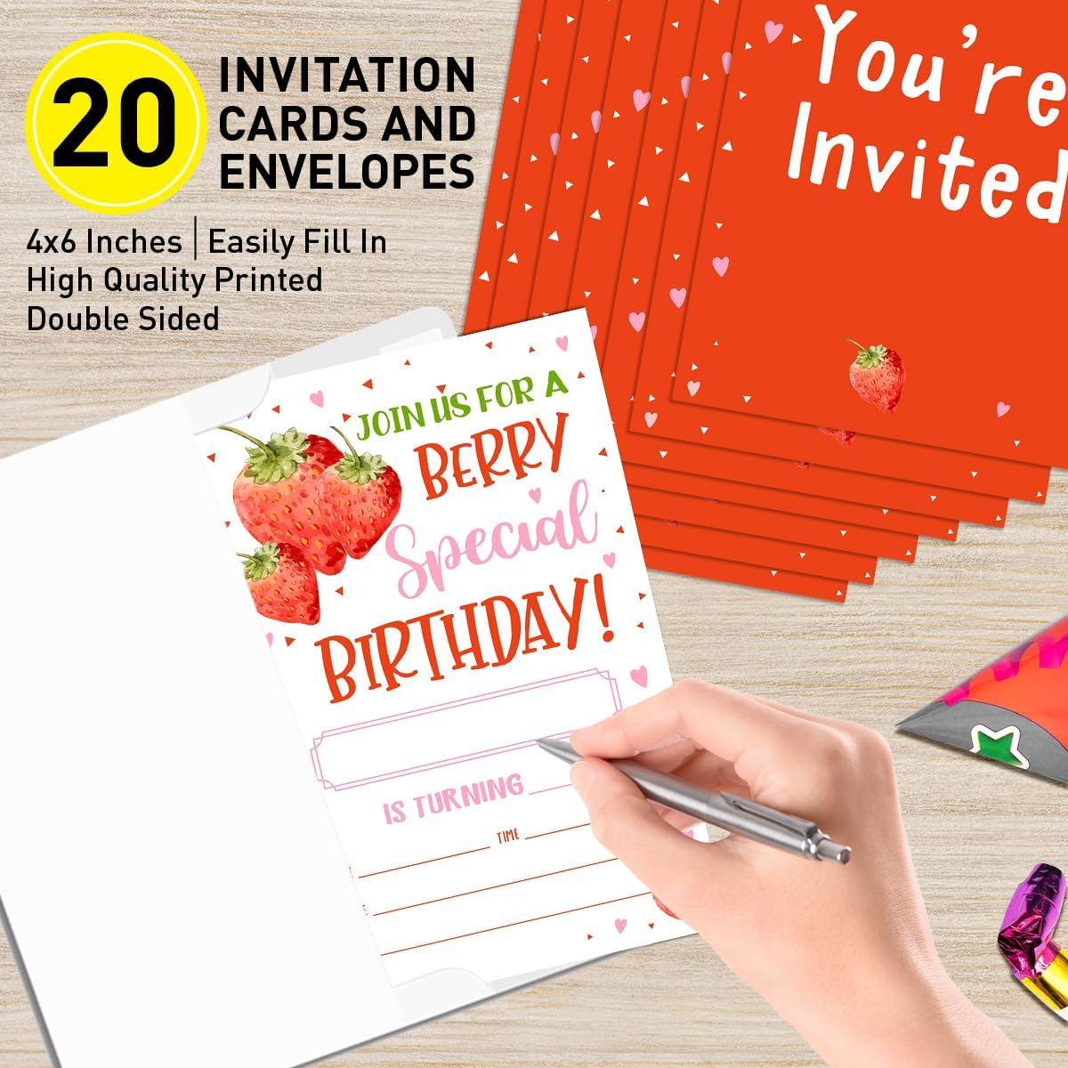 Strawberry Birthday Invitations for Girl with Envelopes, Invites for Birthday Party Berry Sweet, Strawberry Birthday Invitations Cards, Berry Special Birthday, 4"x6" Set of 20