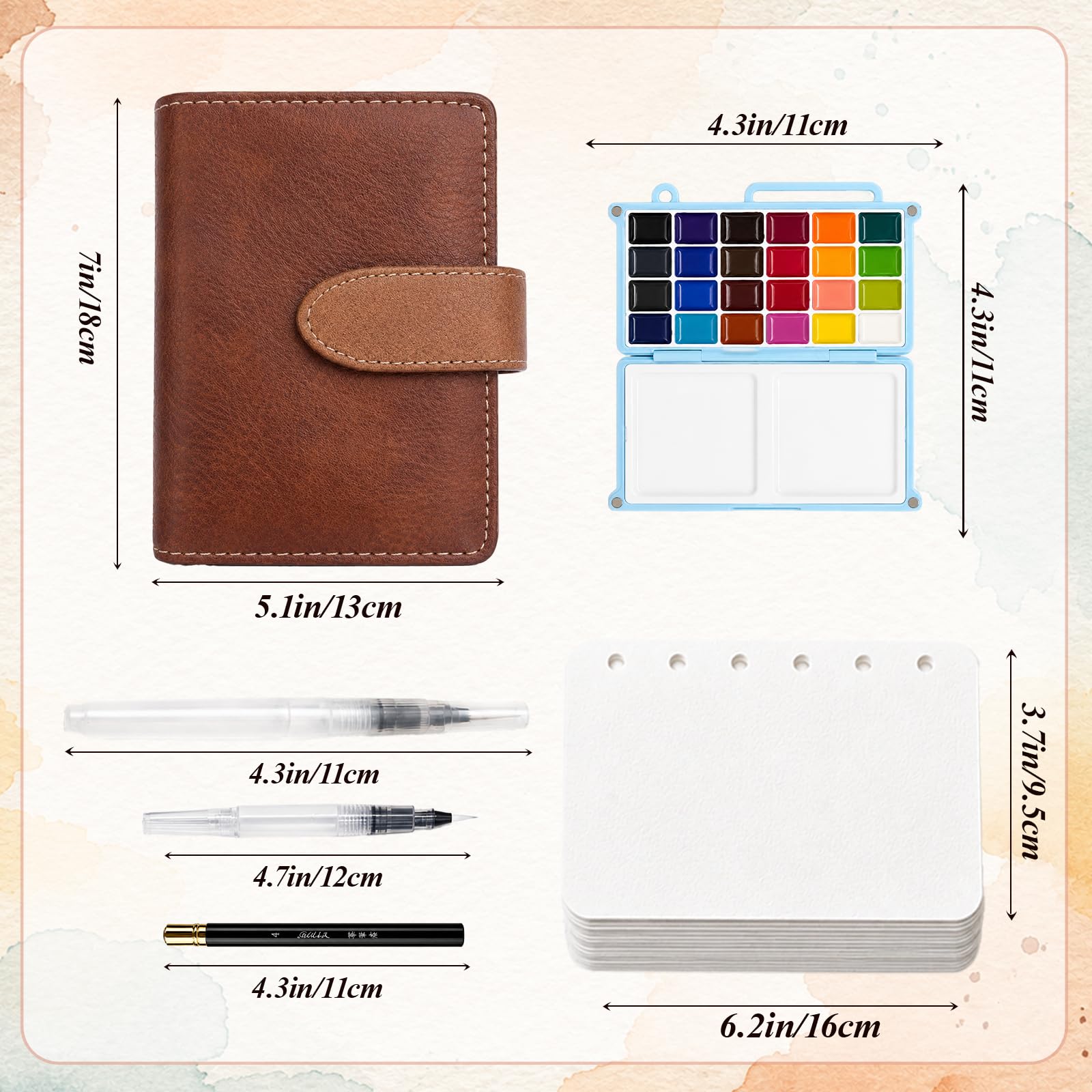 Set di pittura ad acquerello portatile da viaggio, 24 colori, scatola di pittura tascabile, 17,8 x 13 cm | 40 fogli di carta di cotone da 300 g/m² e 3 pennelli, album da disegno per artisti, pittura all'aperto e principianti