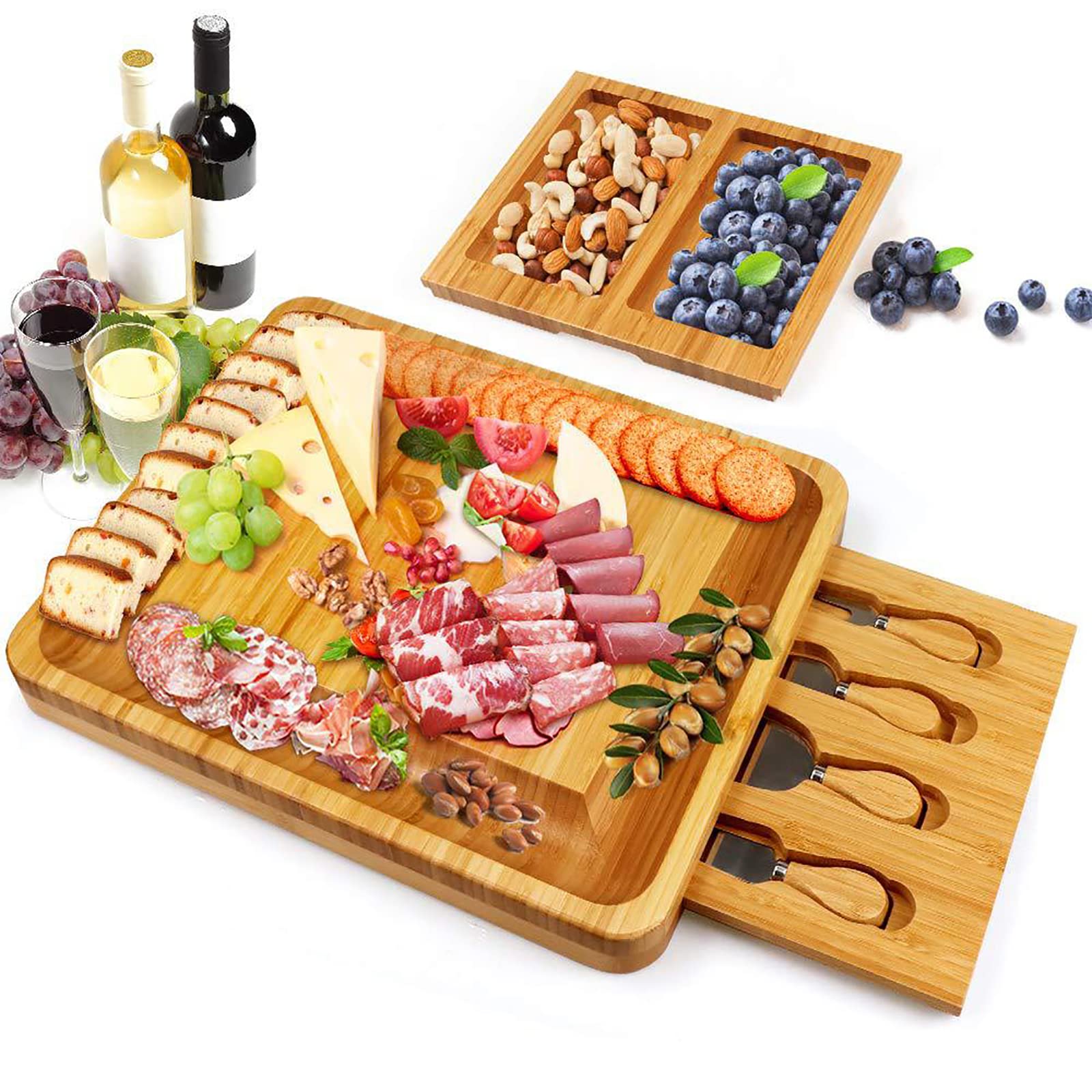 Doppeltes Käsebrett Aus Bambus, Käseplatte, Wurstplatte, Serviertablett Mit Besteck In Doppelt Ausziehbarer Schublade, Geschenk Für Valentinstag, Hochzeit, Einweihungsparty