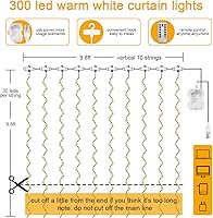 Vista 2 de Guirnalda de luces de hadas, 300 luces LED blancas para cortina de ventana, 8 modos de 9.8 x 9.8 pies, impermeable, funciona con USB, batería
