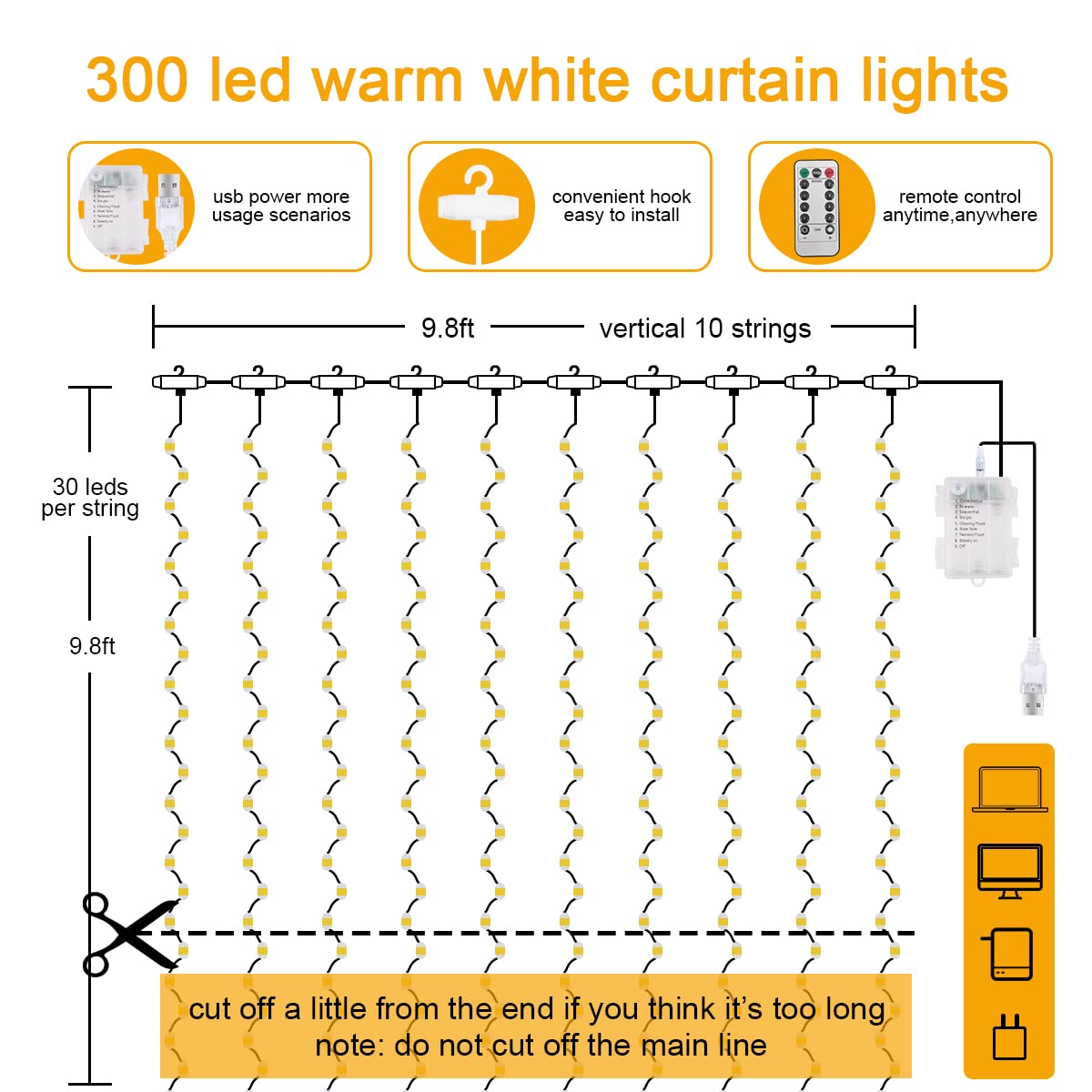 Aomig Cortina de Luces USB, 3m*3m 300 LED Luces LED de Cadena de Cortina,8 Modos de Luz con Control Remoto,Impermeable Cadena de Luces para Decoración Ventana, Interiores,Navidad,Fiestas