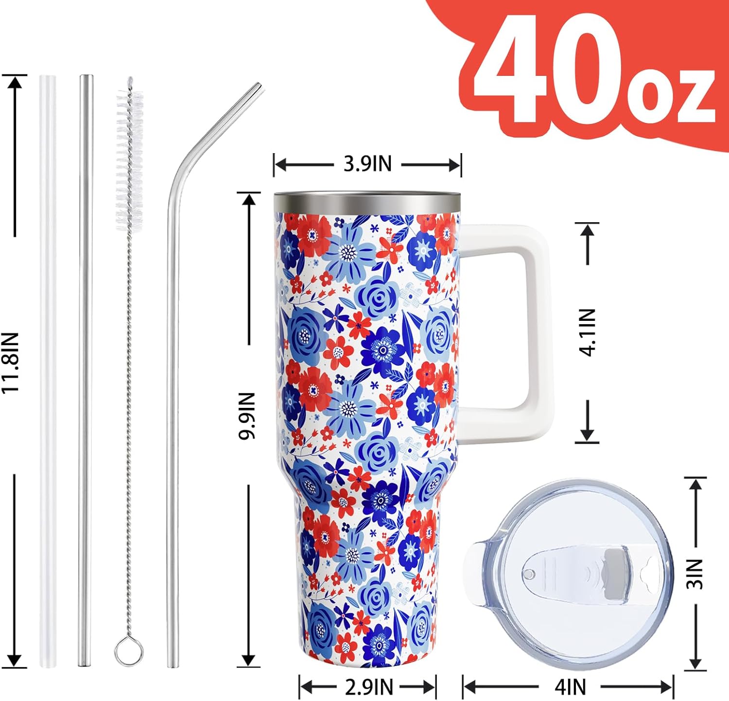 Red and Blue Floral Cup Gifts for Women Men, Patriotic 40oz Tumbler with Handle and Straw, 4th of July Flower Stainless Steel Insulated Water Bottle (1 PC) - Image 3