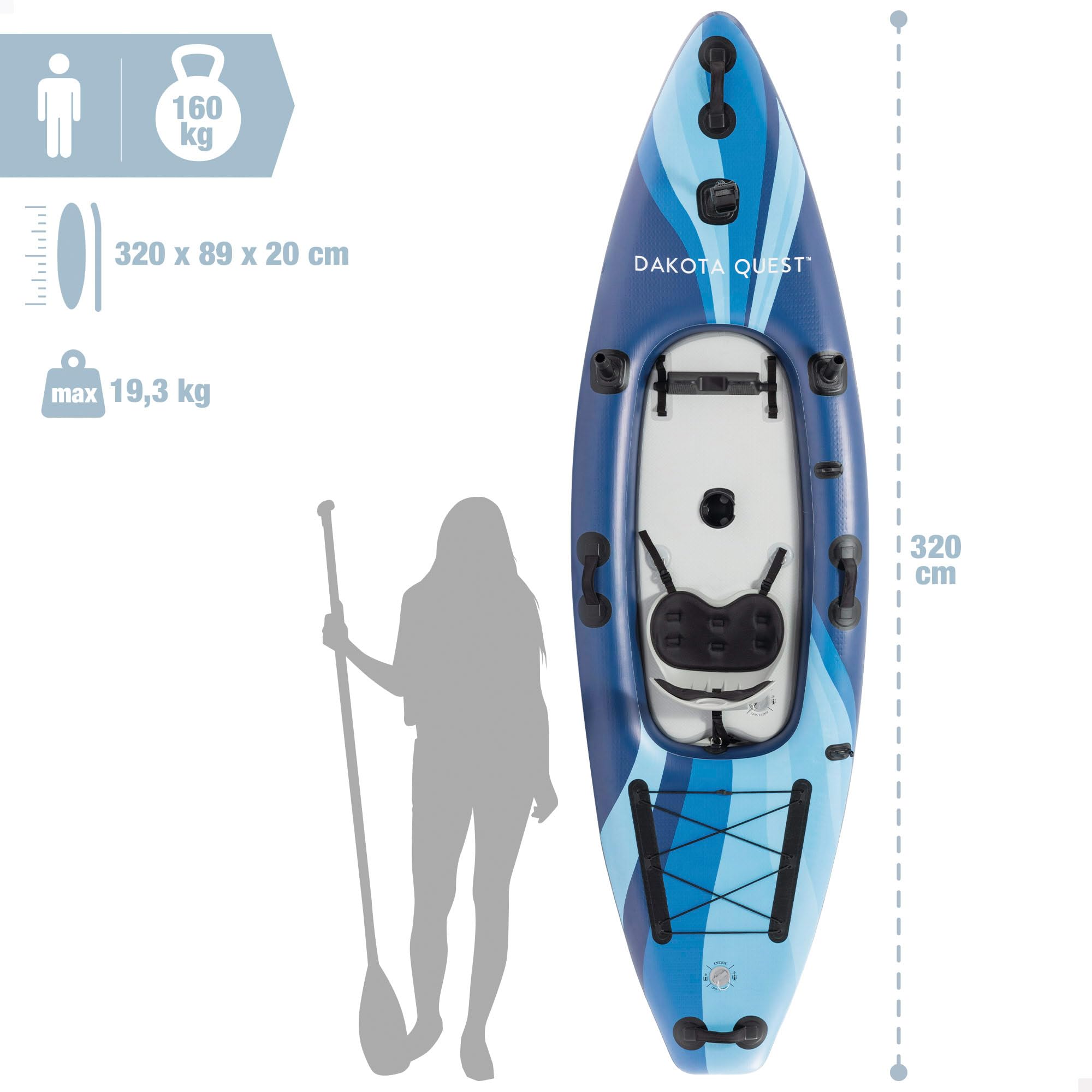 Intex Tabla Paddle Surf Kayak Hinchable, Base Antideslizante, Bomba de hinchado con manómetro, Quilla extraíble, Remo Desmontable Aluminio, Pesca o recreo
