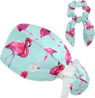 FVQL 2 Pieces Surgical Cap for Long Hair Scrub Cap with Hairband Nurse Cap, Flamingos Bird Pattern