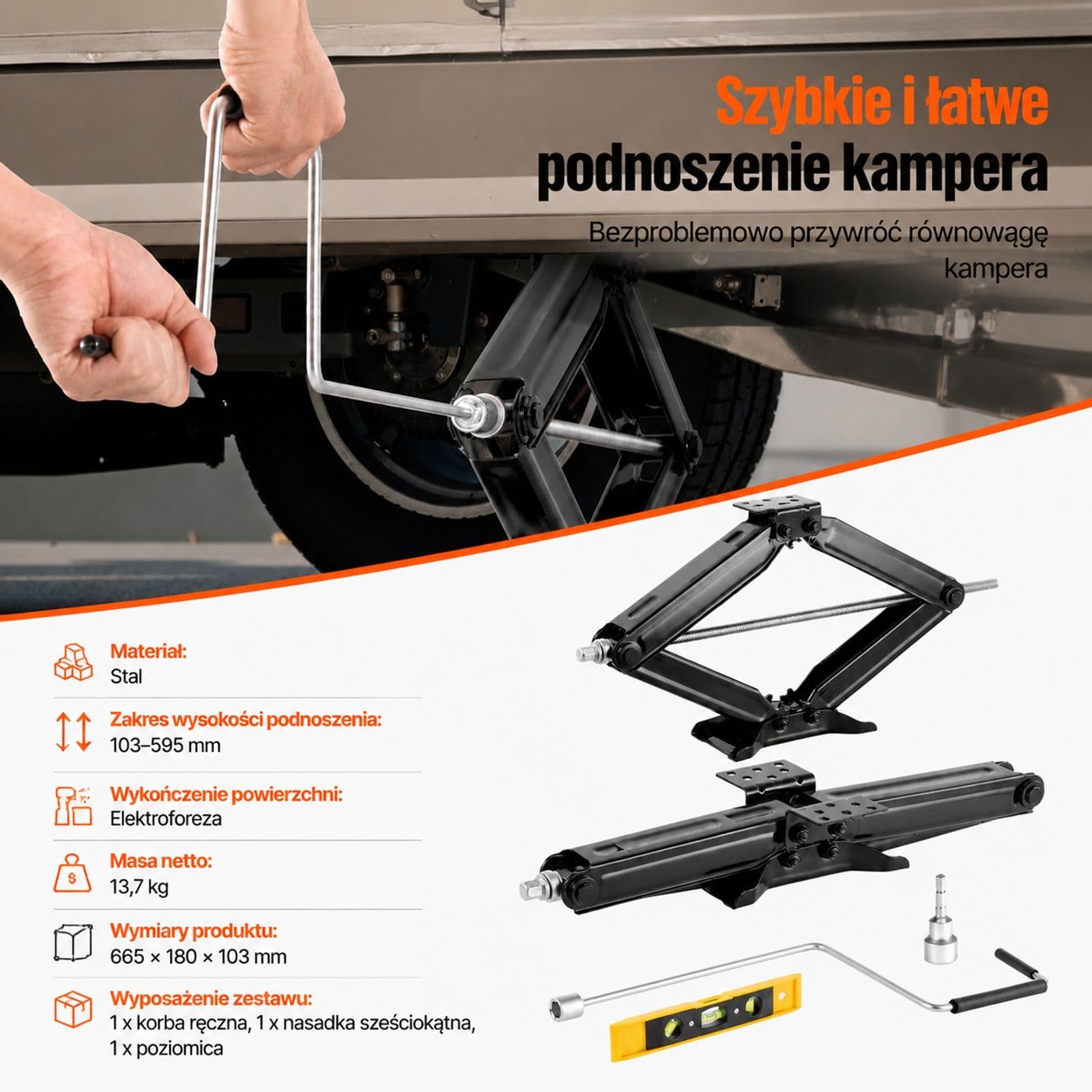 Zestaw 2 podnośników nożycowych do kampera i przyczepy kempingowej, ręczny podnośnik samochodowy z korbą do podparcia pojazdu