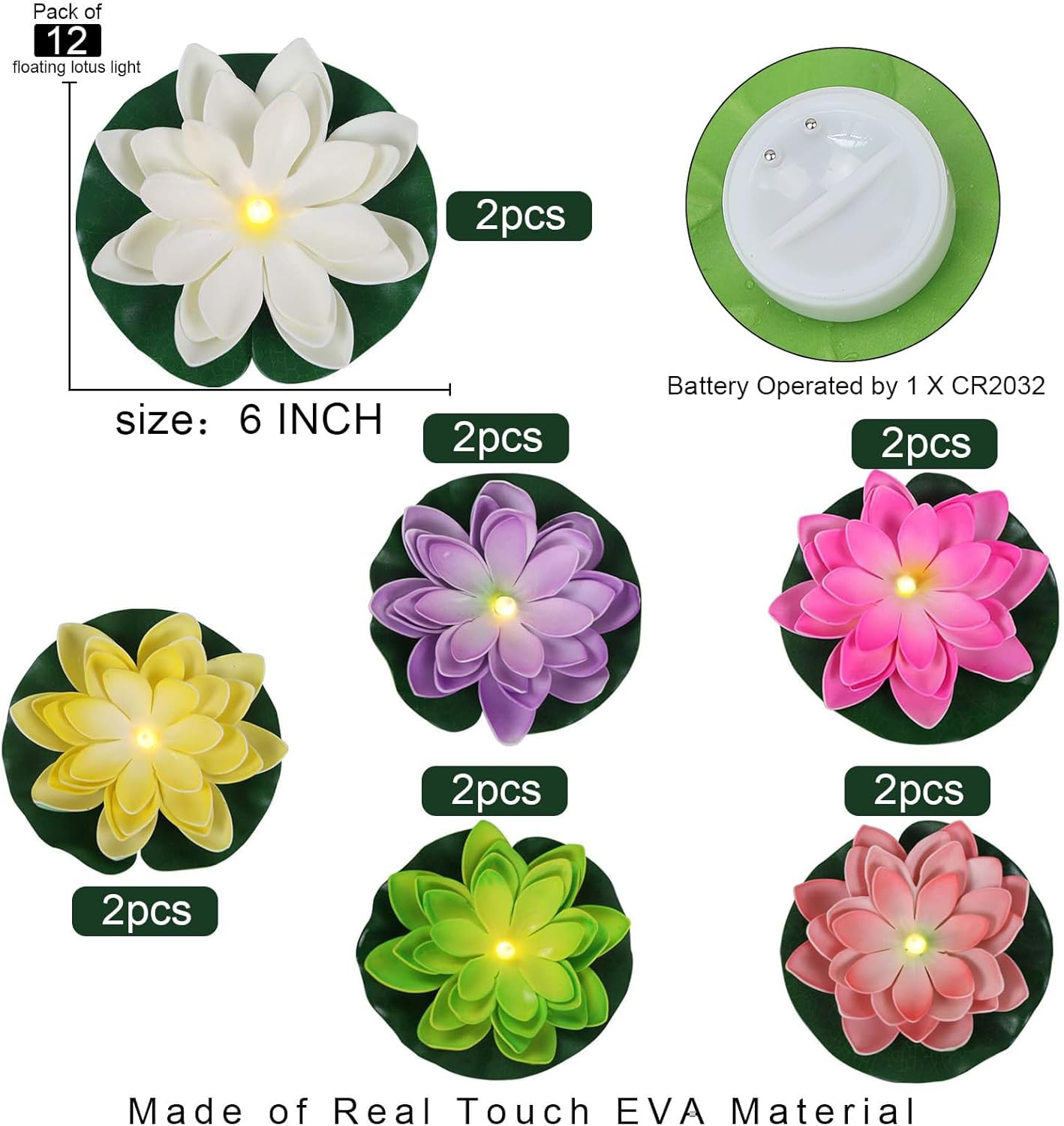 LACGO Waterproof Floating Lotus Light, 12PCS Floating Lily Light Water Activated Artificial Flowers Battery Operated for Wedding Pool Anniversary Garden Decoration(6 Inch, Mix-Color)