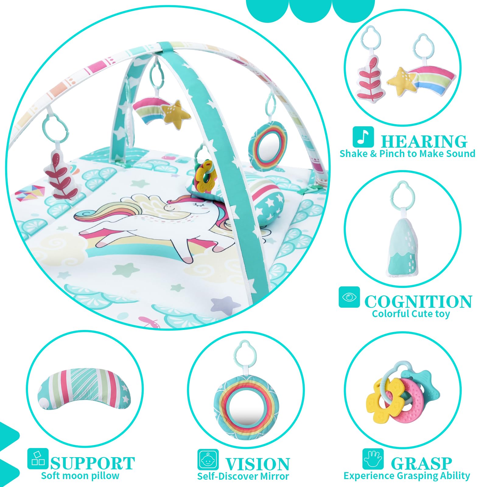 TFDER 5 in 1 Palestrina Neonato Multifunzione, tappeto gioco e vasca palline con lati, Giocattoli Staccabili,Stimola Sviluppo del Neonato con Tante Attività - Giochi Neonato 0+ Mesi,Bianco e verde