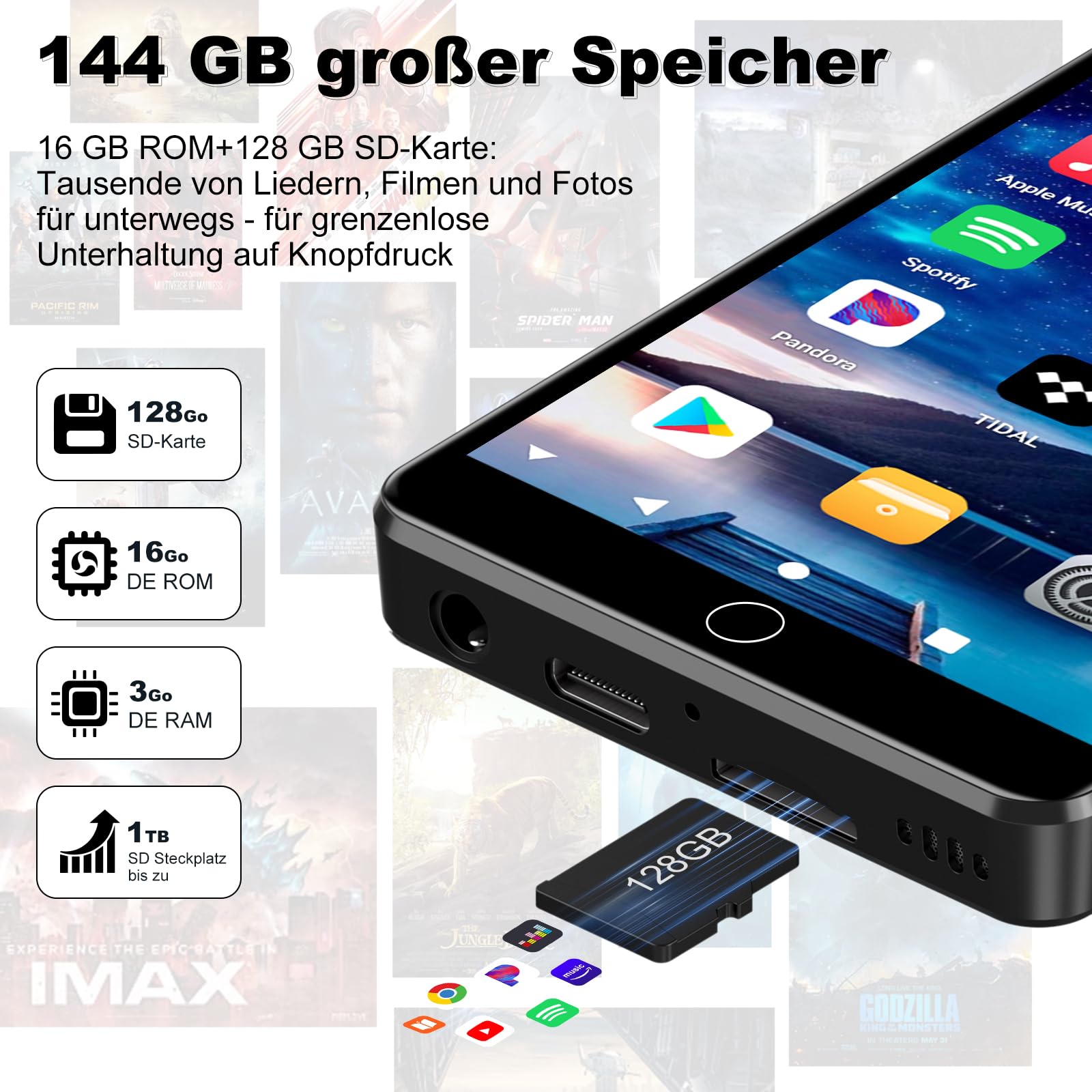 144GB MP3 Player Spotify mit WiFi und Bluetooth, Android MP4-Player für Kinder, 4.02 Zoll Touchscreen Musikplayer mit Audible, Amazon Music und Play Store