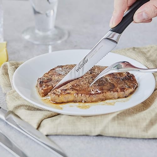 Miniatura 4 de WELLSTAR Juego de 4 cuchillos para carne, hoja dentada de acero inoxidable alemán resistente a la corrosión, mango ergonómico de espiga completa,