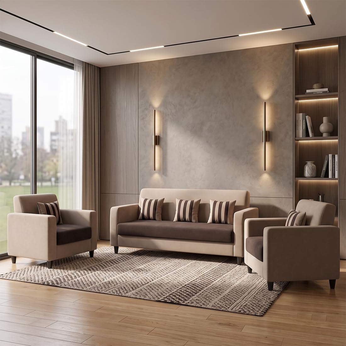 Alvaro Stylewood 5 Seater Velvet Fabric Sofa Set (3+1+1), Modern Living Room Sofa with Soft Cushions, Space Saving Wooden Furniture for Home & Office - Dark Brown & Beige-image-48