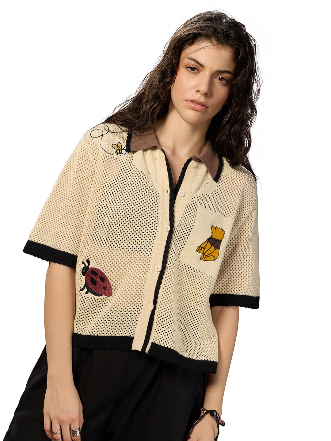 the souled store Winnie The Pooh: Happy Pooh Women and Girls Short Sleeves Spread Collar Embroidered Cotton Regular Fit Lightweight Casual Shirt-picture-40