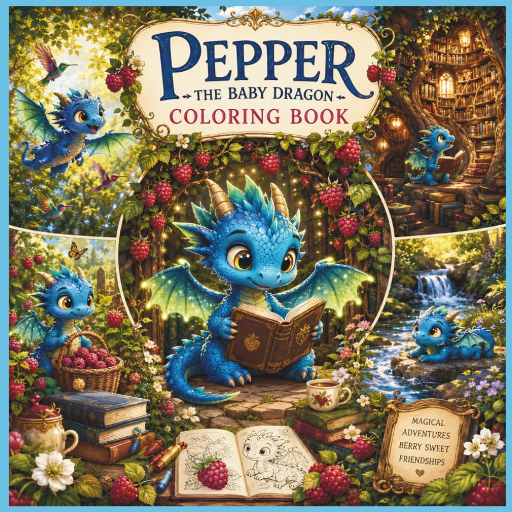 Pepper the Baby Dragon Coloring Book for Tweens: 10 Charming Cozy Adventures for Relaxation and Creativity: A heartwarming collection of dragon, ... bookish, and raspberry-filled coloring pages