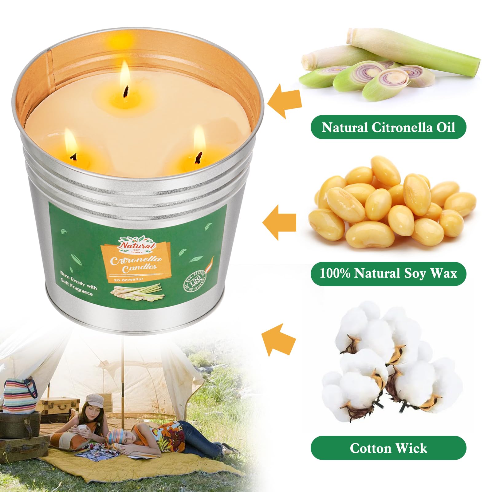 Candela alla citronella per esterni, grande, 2 candele al limone, con estintore, cera di soia naturale, per giardino, campeggio, barbecue, vacanze, regalo estivo, durata 200-220H