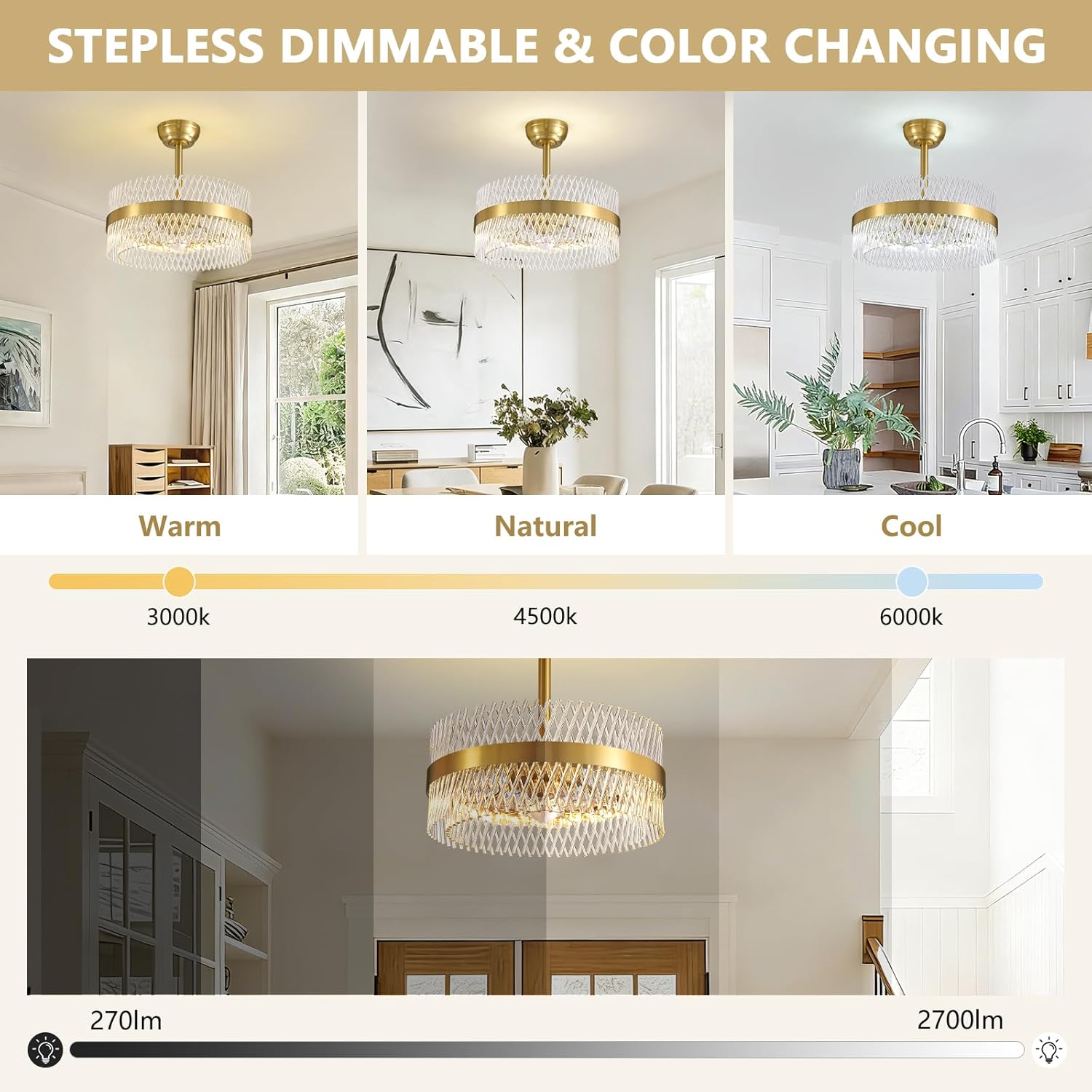 NOXARTE 20" Gold Crystal Ceilng Fan with Lights and Remote, Dimmable Fandelier Ceiling Fan Light, LED Modern Chandelier Fan with 6 Speeds for Bedroom Living Room