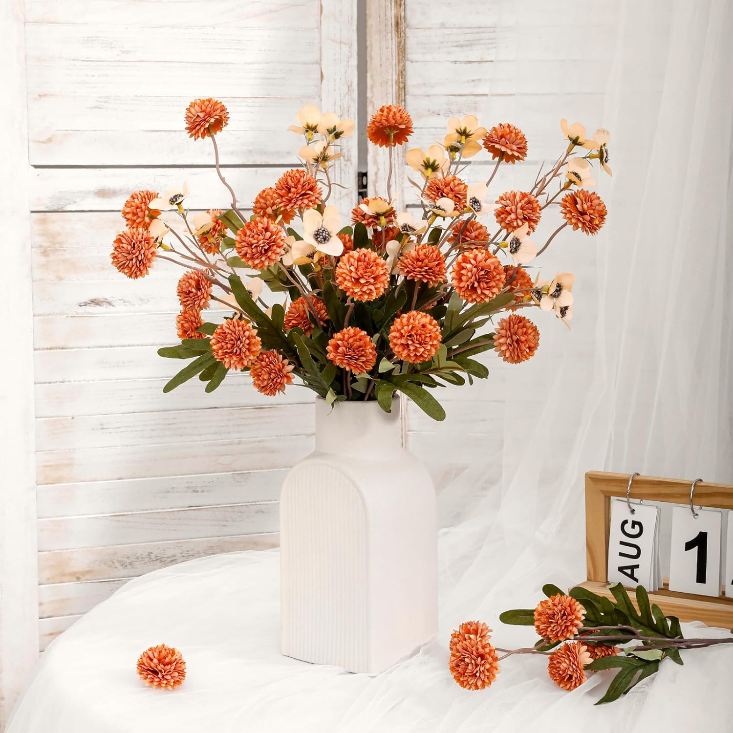 Faux Flowers for Vase,8 pcs Artificial Pom Pom Chrysanthemum Flowers with Wild Flowers,Spring Floral Stems Arrangements for Home Decor, Centerpieces for Tables, Rustic Decorations