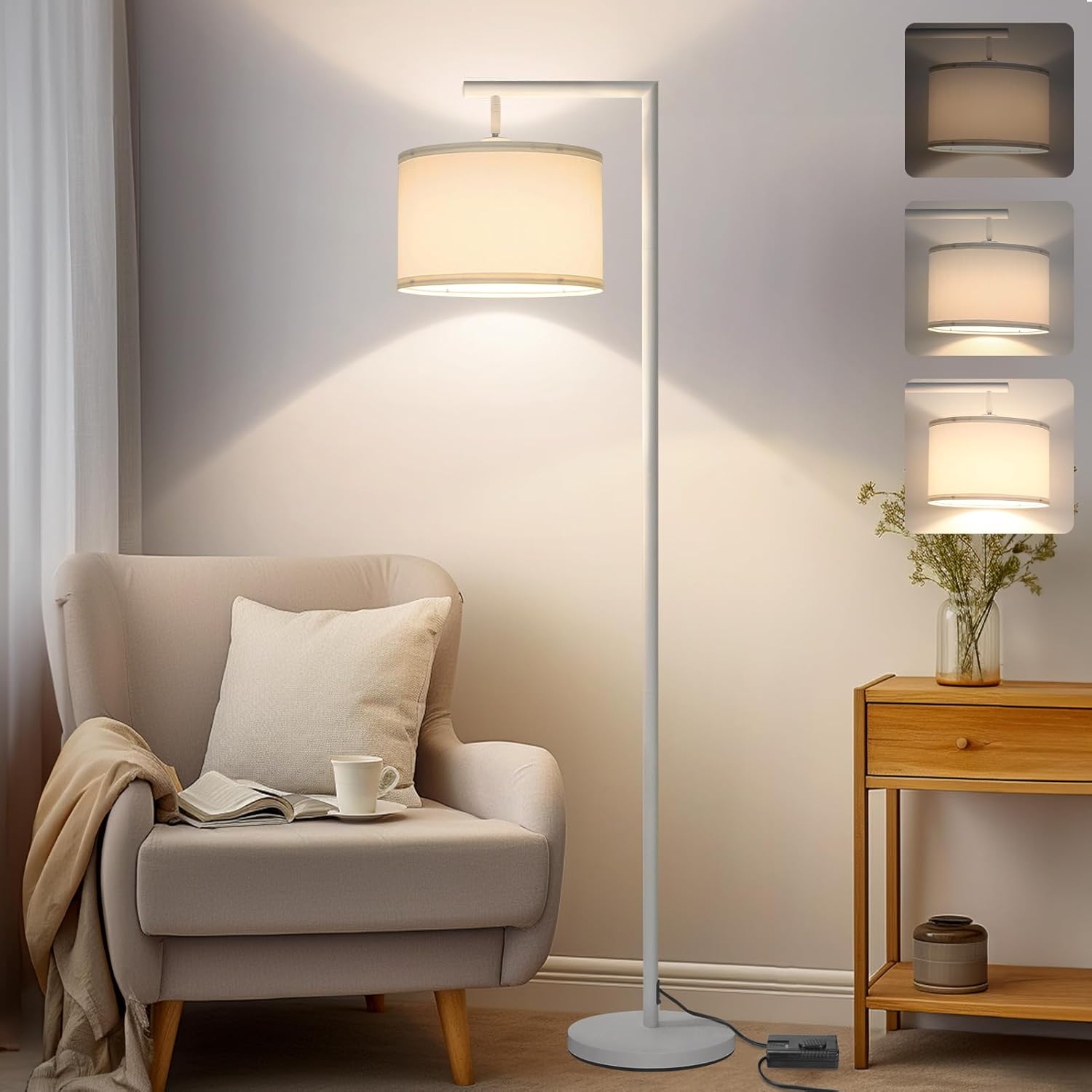 Boncoo Floor Lamps White Floor Lamp for Bedroom, LED Dimmable Floor Lamp Arc with Adjustable Silk Shade, Modern Standing Lamp for Living Room Office Study Room, 9W Bulb Included