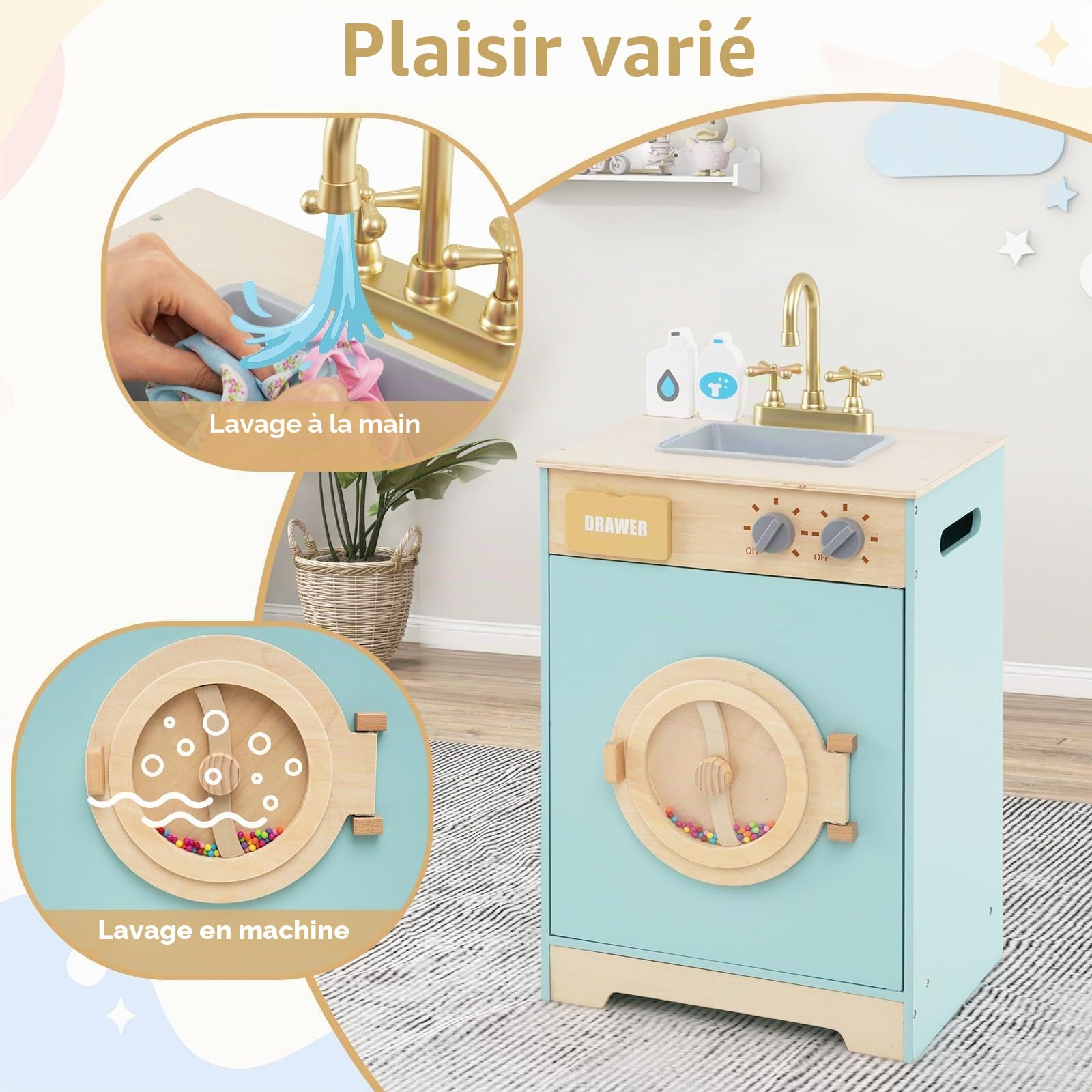 FANTASK Kit de Machine à Laver pour Enfants en Bois avec détergent et désinfectant pour Les Mains, kit de Linge avec évier, tiroir et molette pour Enfants à partir de 3 Ans