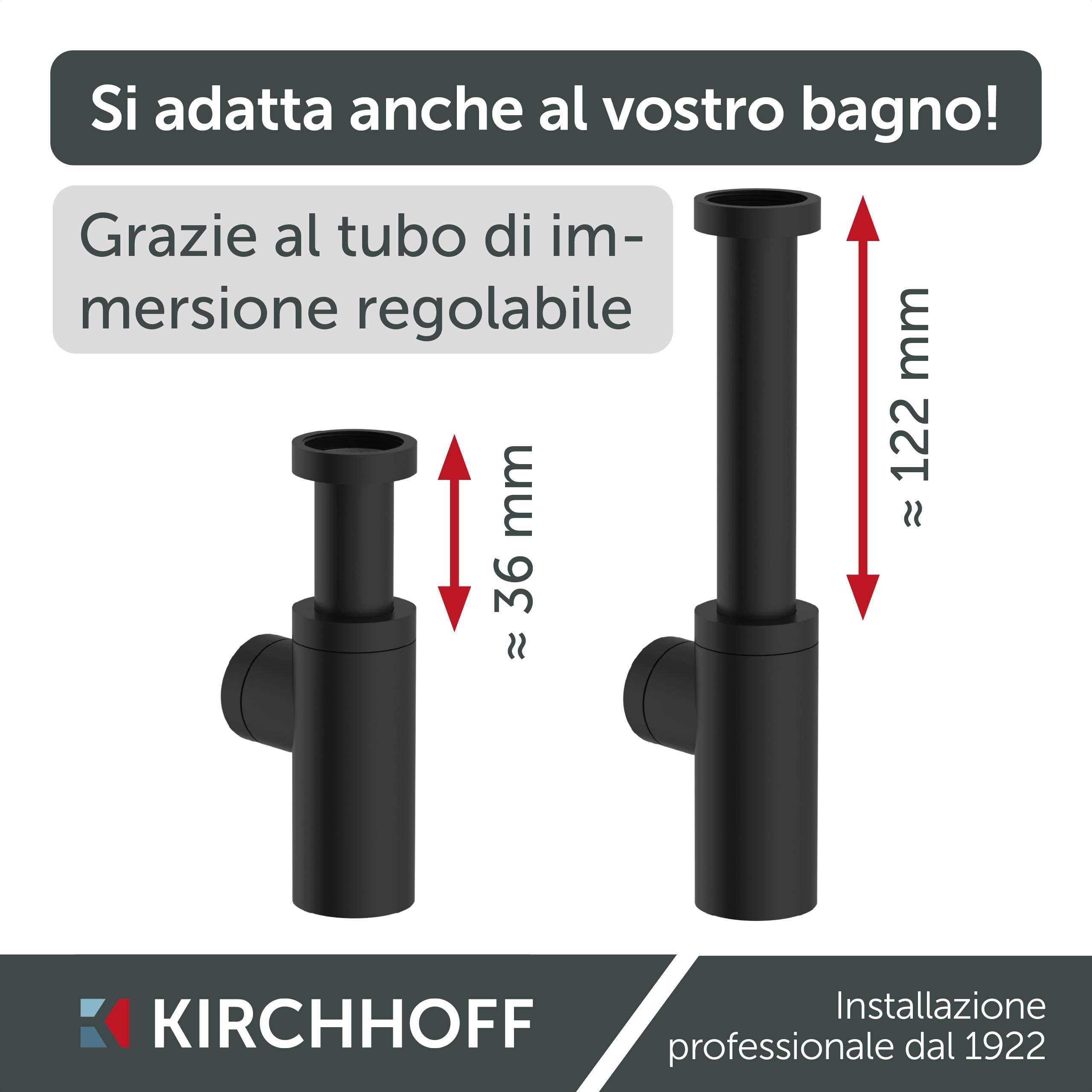 Kirchhoff Sifone di design, sifone per lavabo, in plastica anticorrosione, sifone per lavabo e lavandino, sifone con apertura di pulizia, 98803828, nero