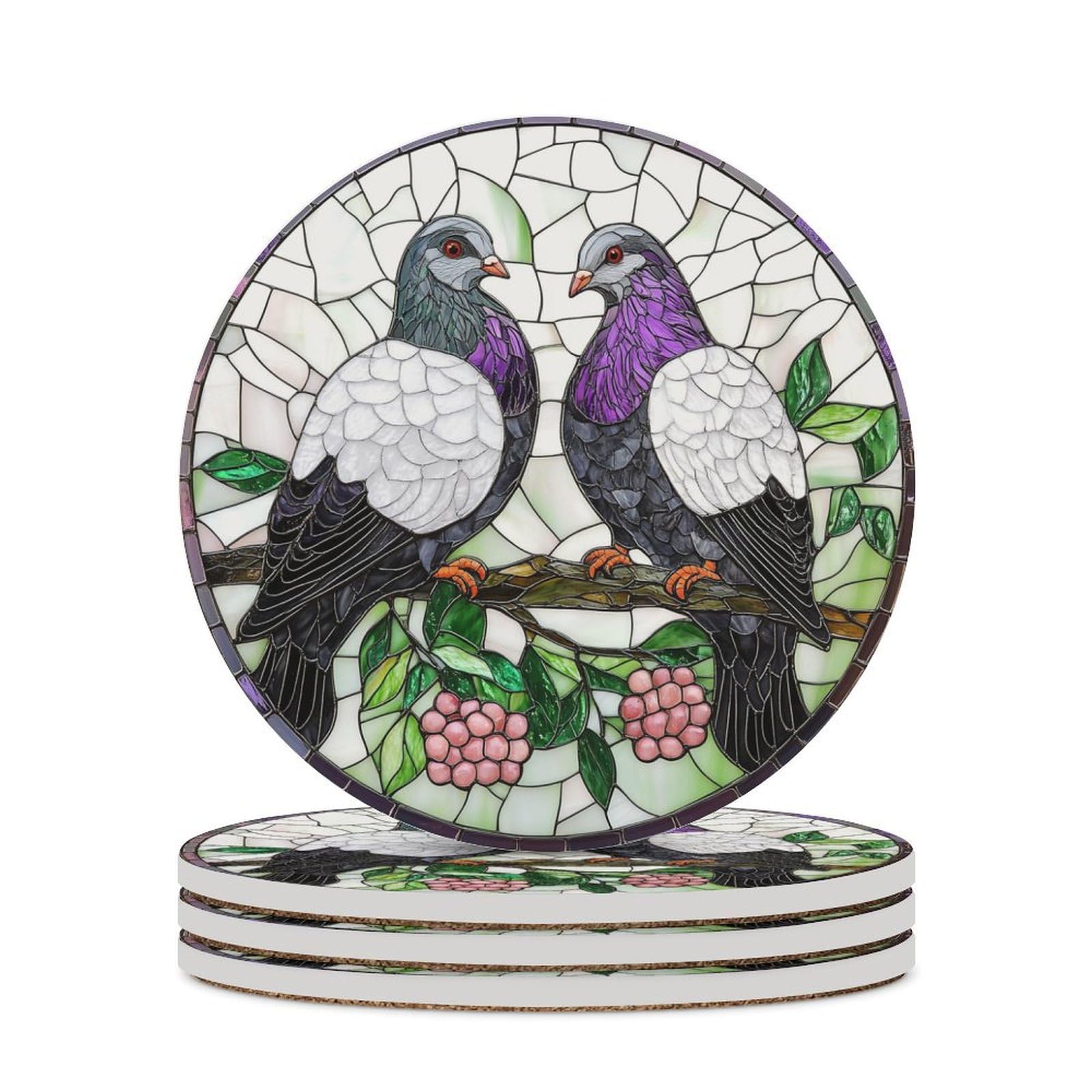 Stained Glass Two Pigeons Coasters Set of 4 Absorbent Coasters