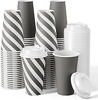 Vista 7 de JOLLY CHEF 100 Pack 12 oz Paper Coffee Cups, Disposable Printed Hot Cups with Lids for Home, Business, Restaurant and Cafe (Stripes and Grey)