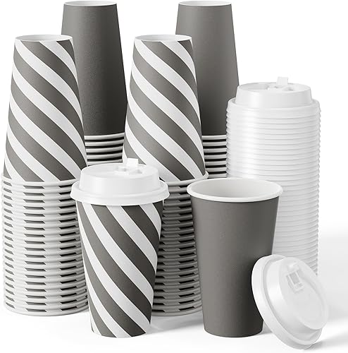 JOLLY CHEF Paquete de 100 tazas de café de papel de 16 onzas, tazas calientes impresas desechables con tapas para el hogar, negocios, restaurante y