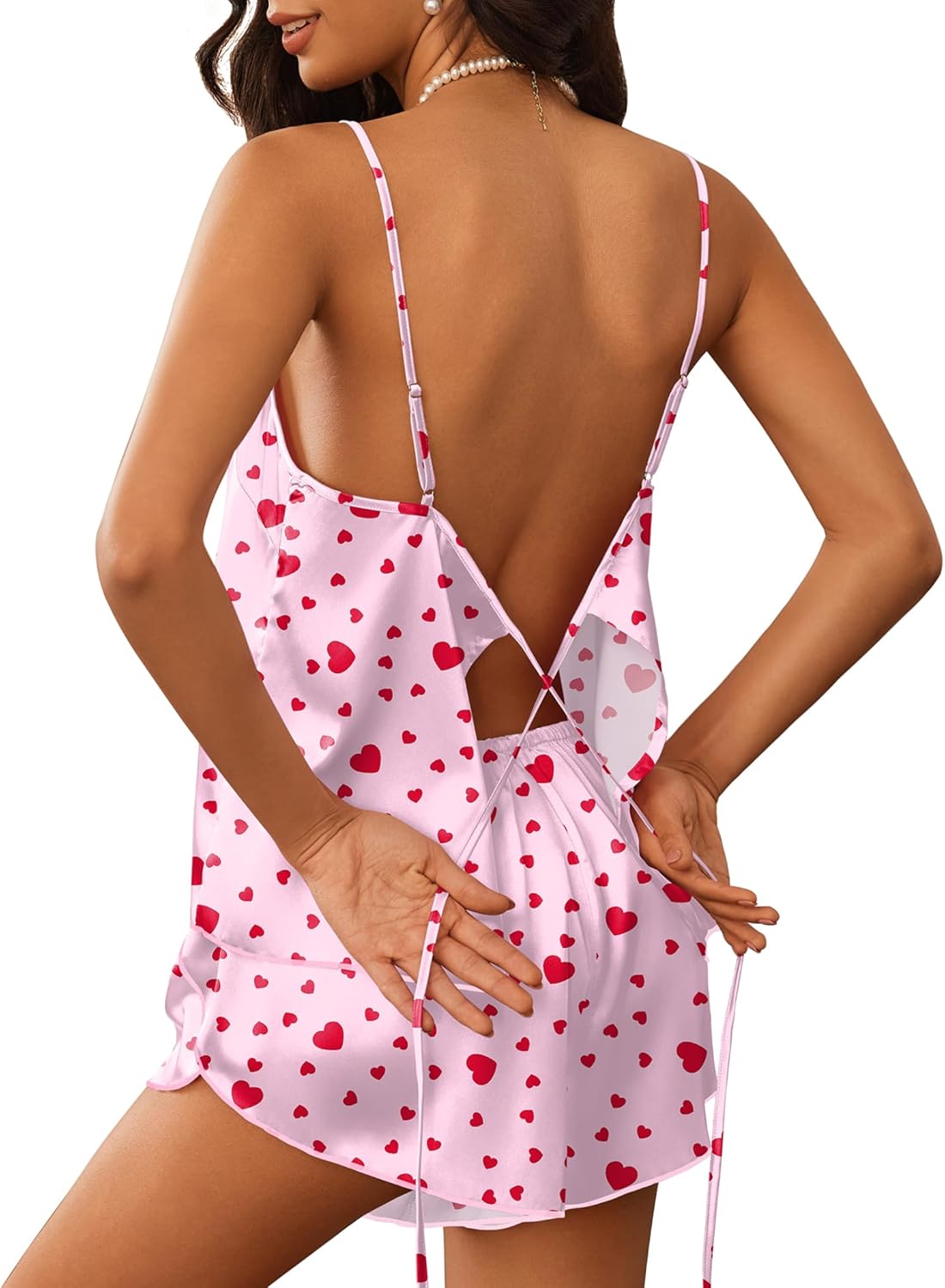 Ekouaer Womens Satin Pajamas Set Tie Back Silk Pjs Adjustable Lingerie Cami Top and Shorts Nightwear Sets