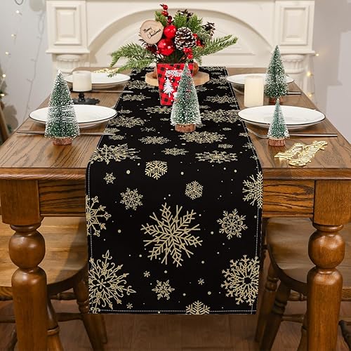 Miniatura 4 de Siilues Camino de mesa de Navidad, decoración de copos de nieve, camino de Navidad negro y dorado para mesa de Navidad de temporada para decoración