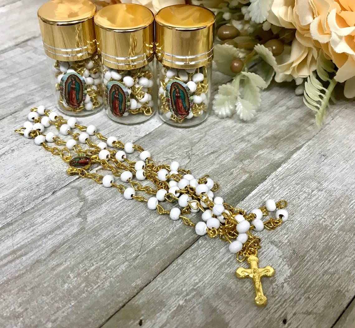 Birsppy OOKI-12pcs Scented Rosary in Glass Jar Bottle Beads Rosary Silver Catholic Crucifix Necklace Virgin Mary lot of 12 (White with Gold)