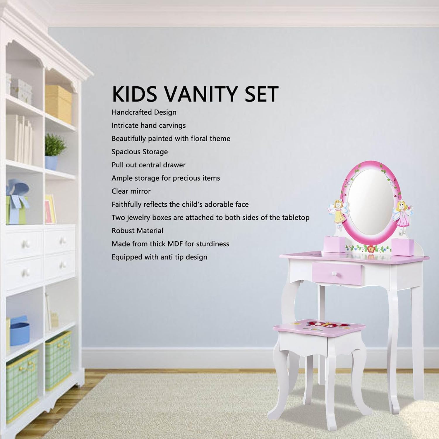 Kids Vanity Set, Floral Printed Wooden Kids Dressing Table with Mirror and Stool for Role Playing Pink