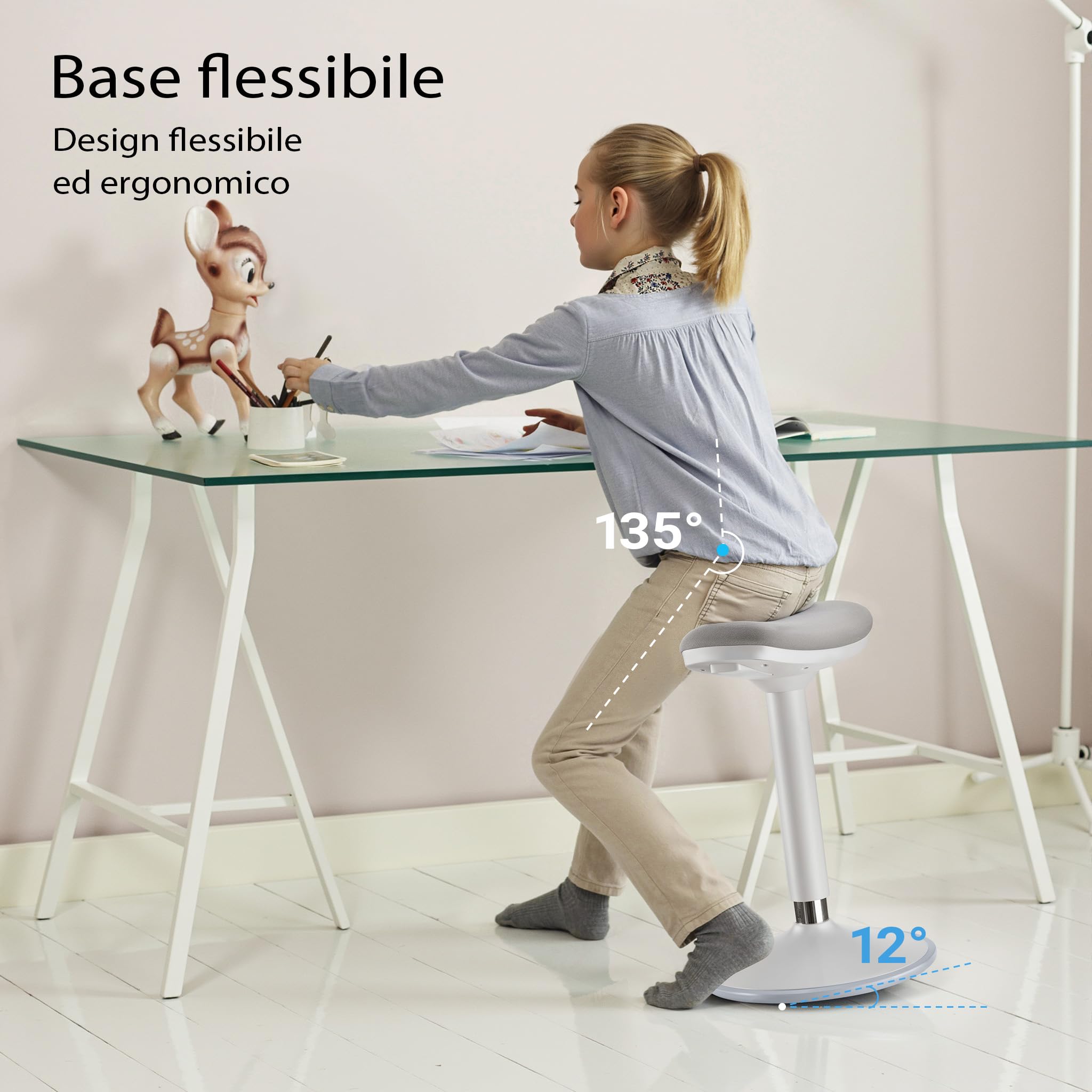 Wiltec Sgabello sit stand grigio, sgabello girevole regolabile in altezza fino a 82 cm, max 135 kg, sgabello ergonomico per casa, ufficio, officina